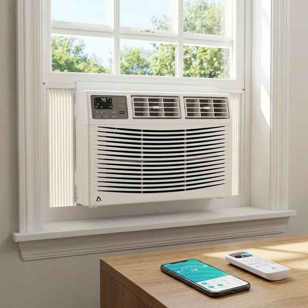 garvee 12000 btu window air conditioner with heater 7-in-1 cooling, heating, dehumidifier, fan, wifi remote alexa & search engine compatible us standard with wifi (in box) 19.76 d x 24.02 w x 15.16 h