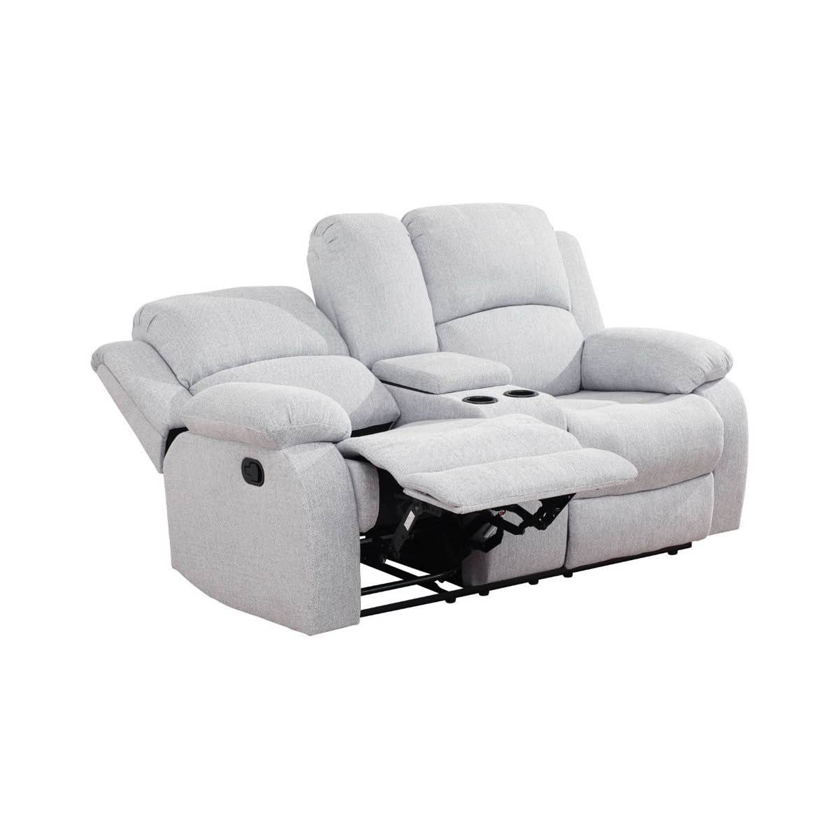 Condition photo showing New/Like New for 68inch wide light grey fabric 2 seat manual reclining loveseat sofa with cup holder and center console. 40 h x 68 w x 37 d