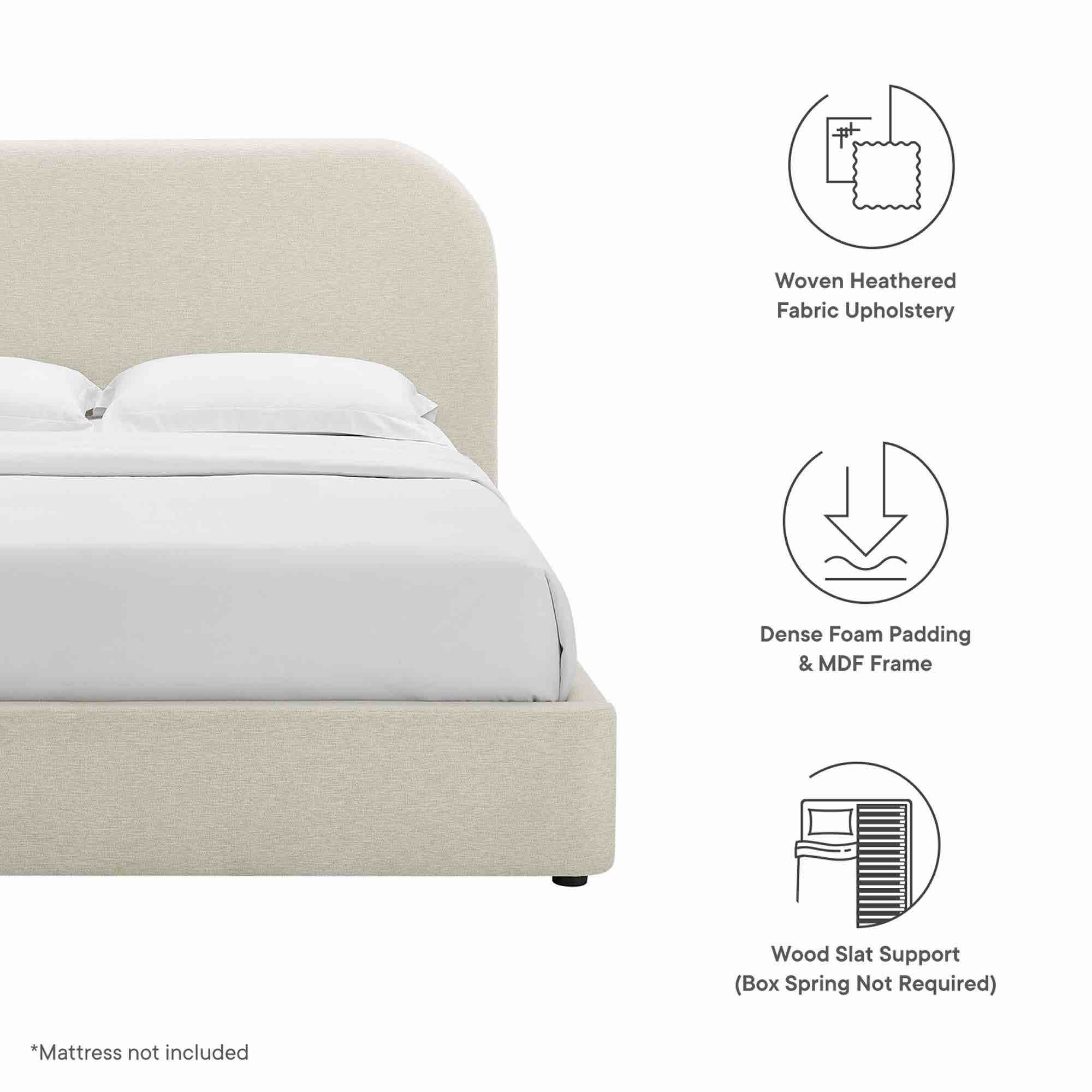Condition photo showing New/Like New for keynote upholstered fabric curved queen platform bed in heathered weave ivory (in box) 46 h x 71 w x 87.5 d