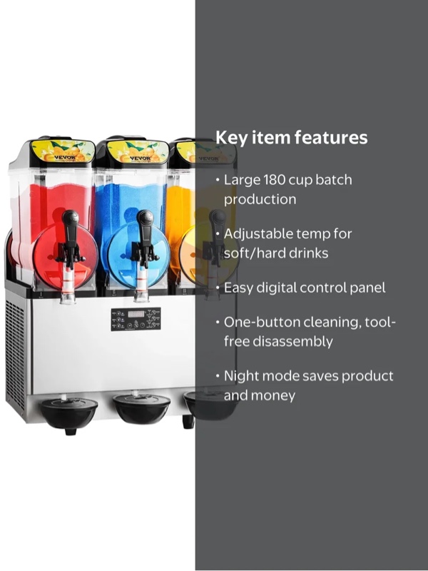 Condition photo showing New/Like New for vevor commercial frozen drink maker, 15lx3 triple tank slushy machine, 180 cups stainless steel margarita smoothie frozen drink machine, slushie maker (new in box) 32.76 x 20.67 x 23.82