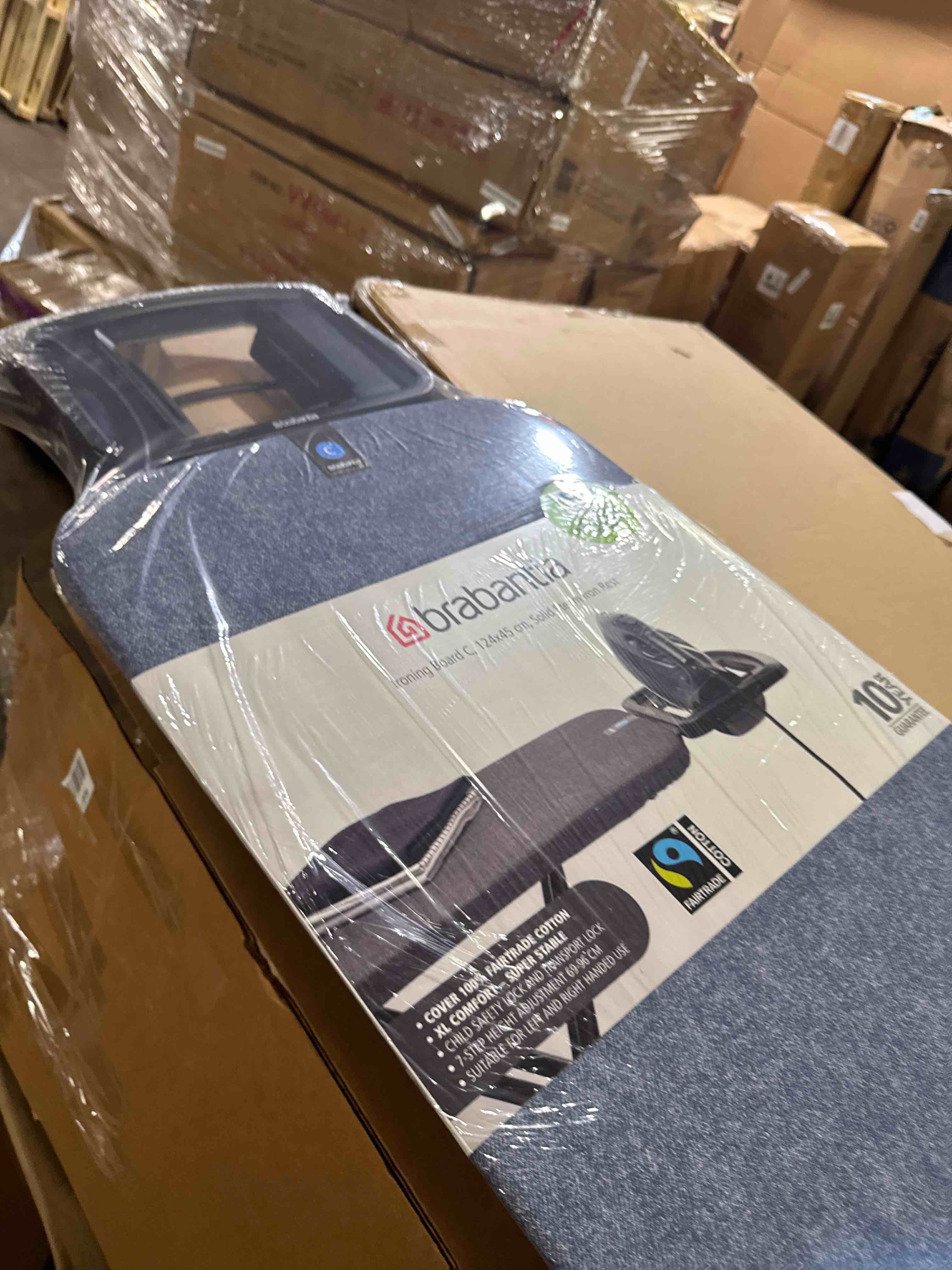 Condition photo showing New/Like New for brabantia comfort ironing board with left/right adjustable steam iron rest | medium (size b) | fairtrade denim blue cover | adjustable height (27-38"), easy fold, anti-collapse lock, non-slip feet denim blue adjustable iron rest