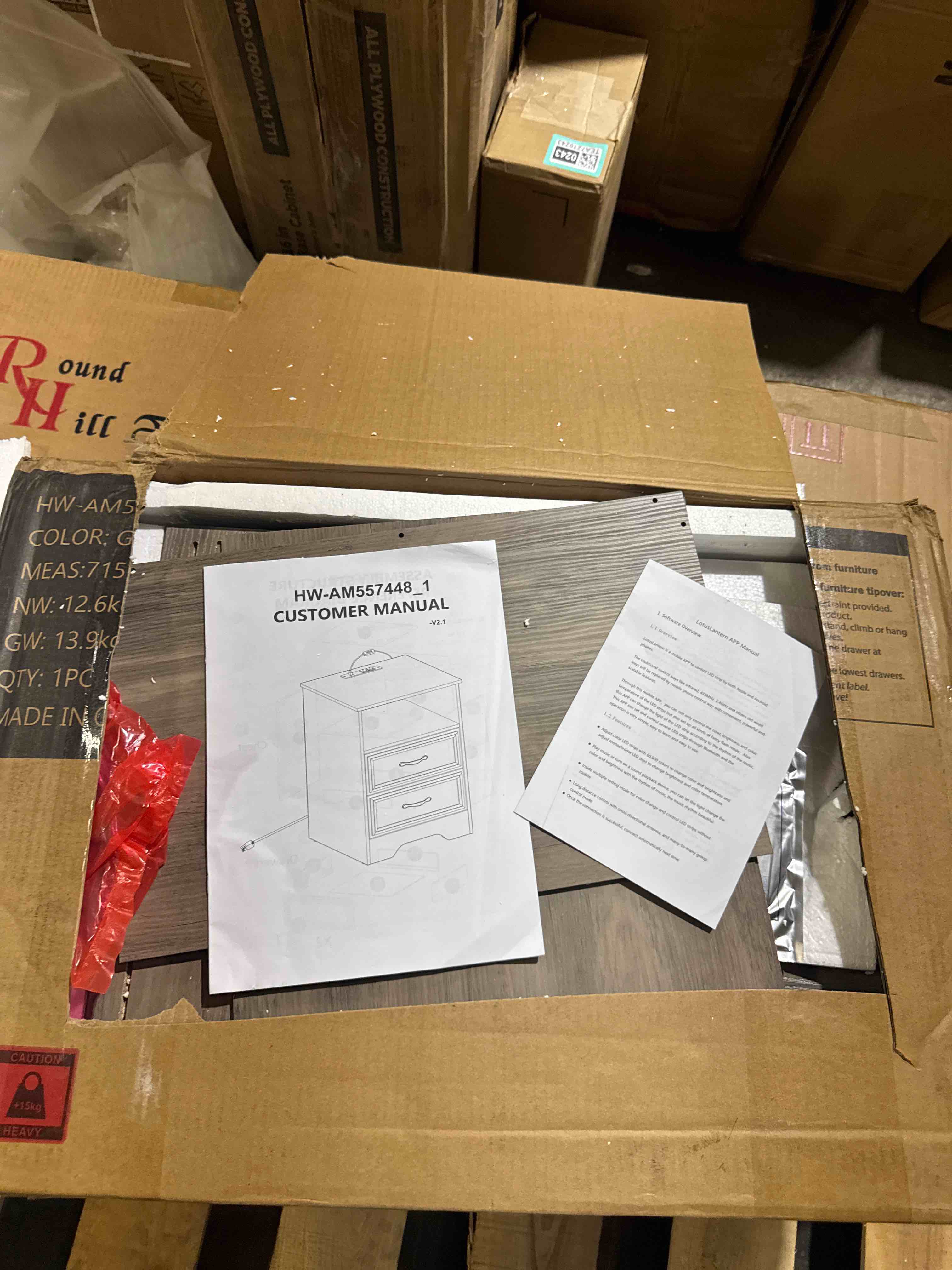 Condition photo showing New/Like New for holliwill farmhouse grey night stand with charging station & led light, end table with 2 drawers & open shelf, bed side table with 2 ac outlets, usb/usb-c for bedroom, living room