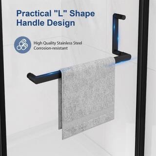 Condition photo showing New/Like New for 32-34 in. w x 72 in. h pivot frameless shower door in matte black with clear tempered glass (new in box) 
