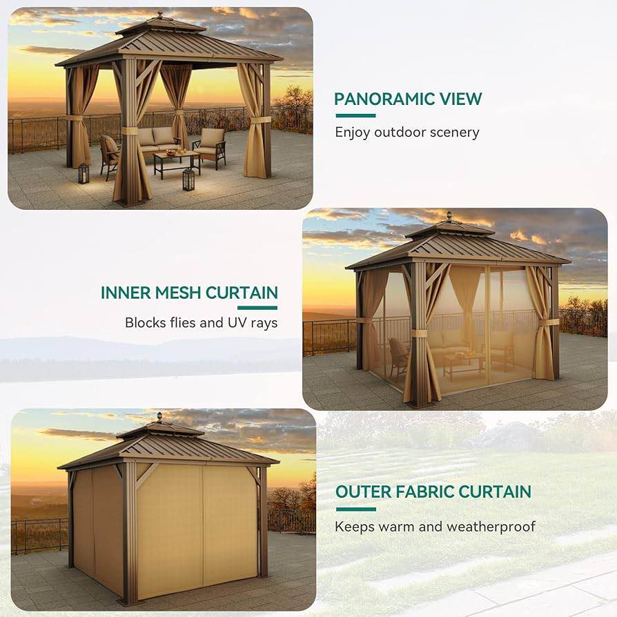 Condition photo showing New/Like New for yitahome 10x10ft brown hardtop gazebo with nettings and curtains, heavy duty double roof in galvanized steel