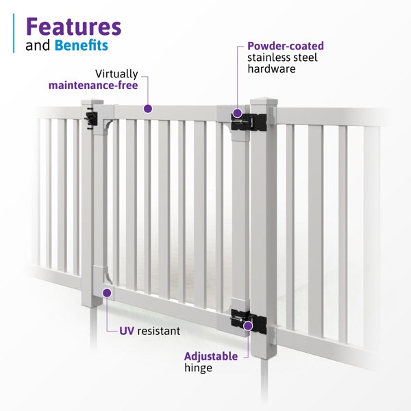 Condition photo showing New/Like New for 4ft h x 4ft w (1 gate) no dig wambam sturbridge outdoor pool and garden gate kit, white vinyl picket gate (new in box) 48'' w x 48'' h x 1.5'' d