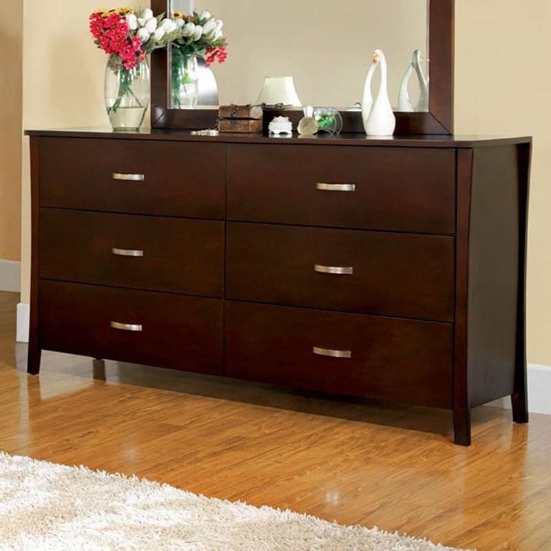 Condition photo showing New/Like New for furniture of america midland 6 drawer espresso wood dresser with nickel brushed handles. 62" w x 17.75" d x 35.25"
