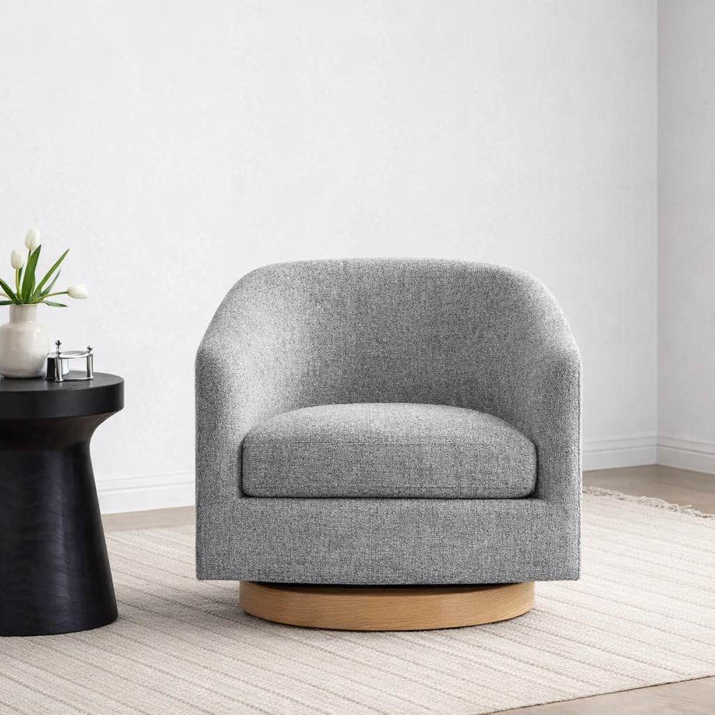Condition photo showing New/Like New for wren black and white knitted fabric modern swivel accent chair with walnut wood base. 31.1" w × 31.1" d × 28.3" h
