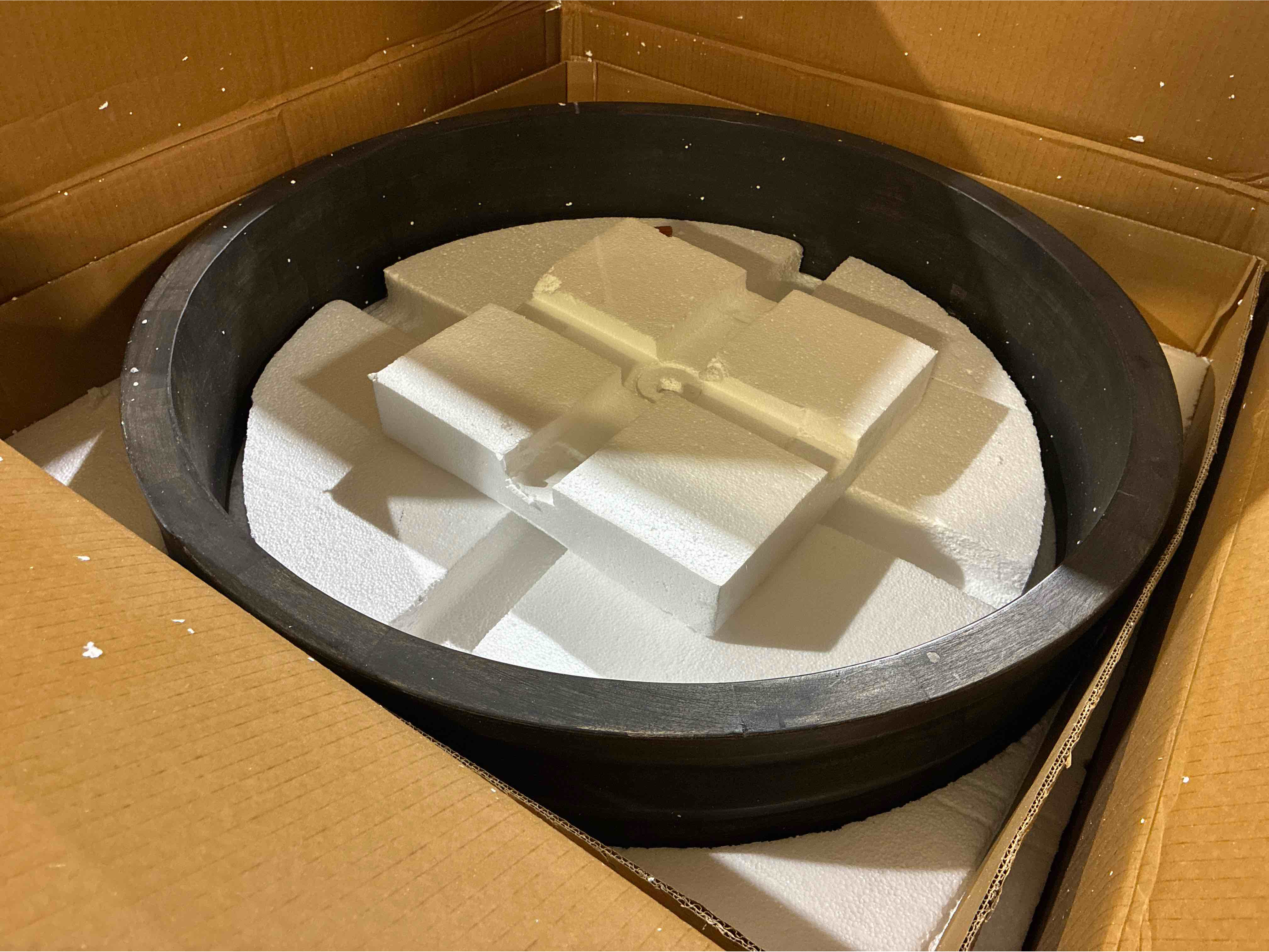 Condition photo showing New/Like New for capital lighting 454041eb dunn modern handcrafted mango wood chandelier shade, 6" h x 30" w, espresso stain and black. mounting kit and hardware sold separately. 