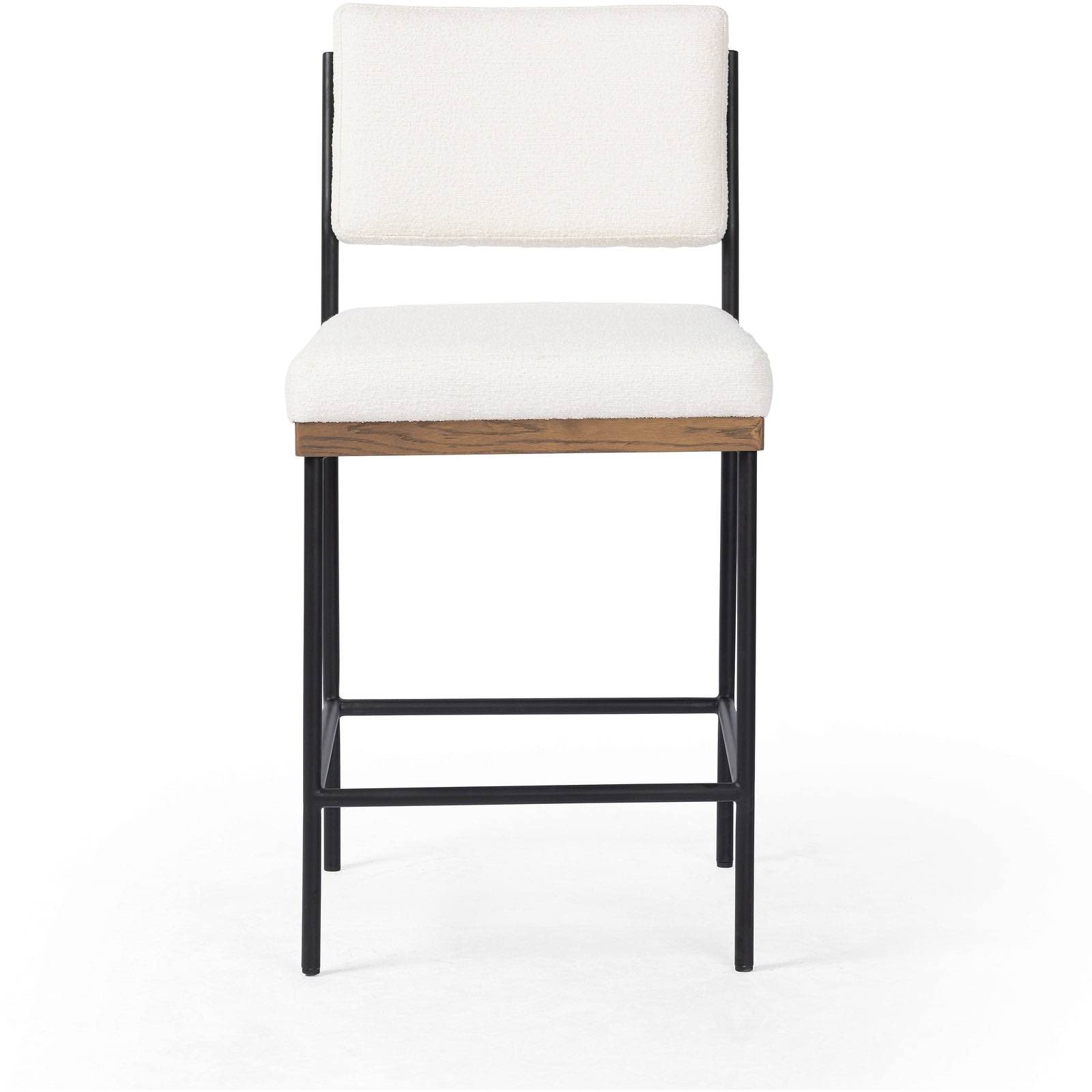Condition photo showing New/Like New for four hands benton counter stool in fayette cloud flannel white with nettlewood accents and iron frame. 19.75w 23d 40h