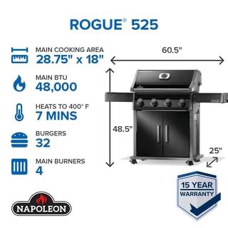 Condition photo showing New/Like New for rogue 525 4-burner natural gas grill in black (new in box) h 47.5 in, w 56.5 in, d 24.5 in (small dent in bottom frame, see photos)