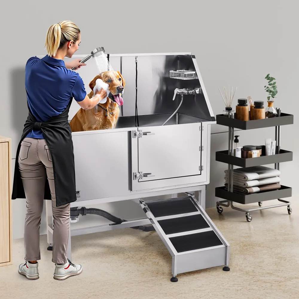 Condition photo showing New/Like New for vevor stainless steel dog washing station, 50 inch pet grooming tub w/ ramp. 50 x 22.8 x 58.7 inches