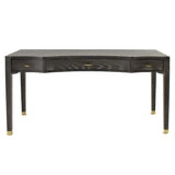 Condition photo showing New/Like New for nathan espresso finished solid wood desk with gold tipped legs (new in box, desktop has small dent on corner-pictured)