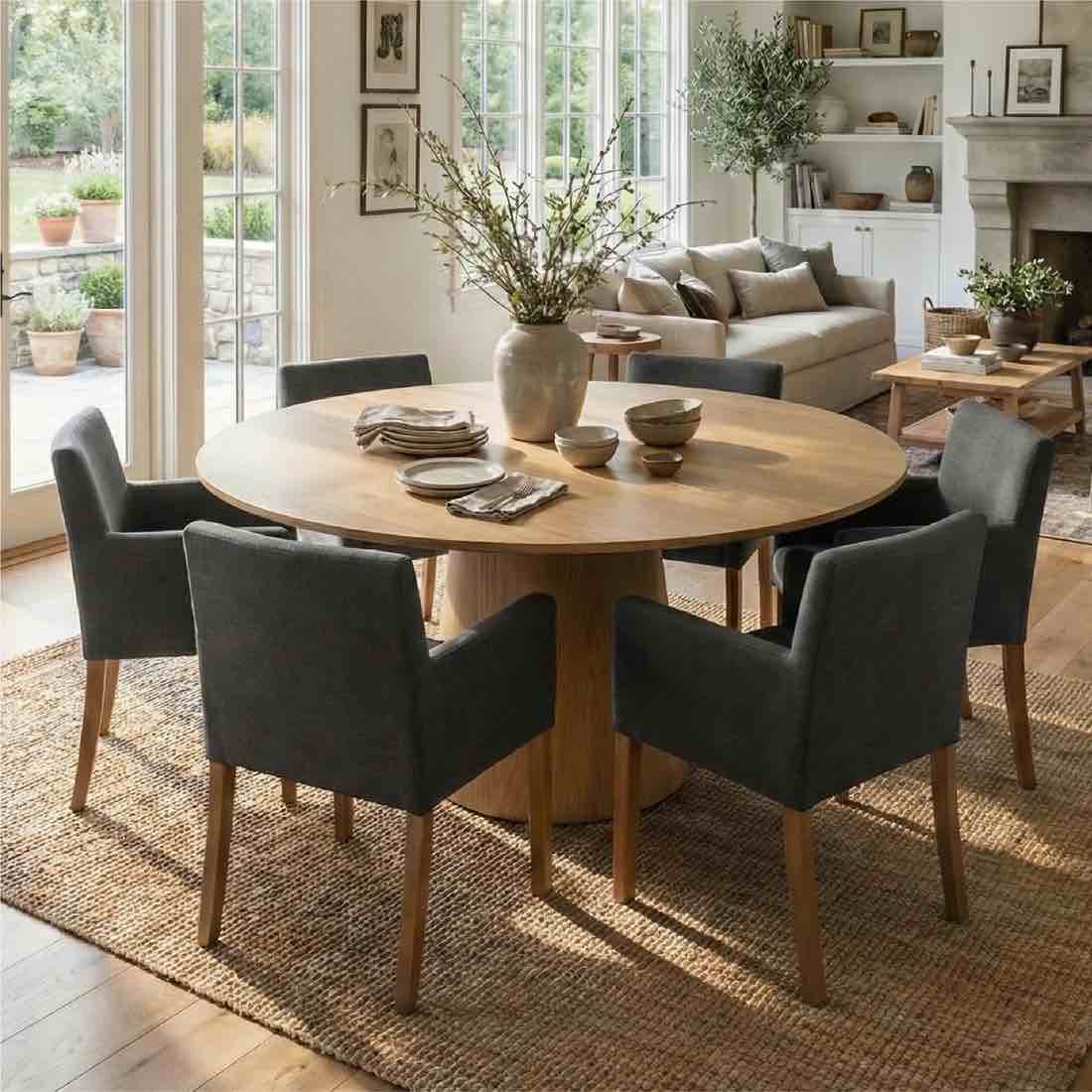Condition photo showing New/Like New for orchid 60" oak round pedestal dining table in natural oak (new in box) 29.5'' h x 60'' w x 60'' l