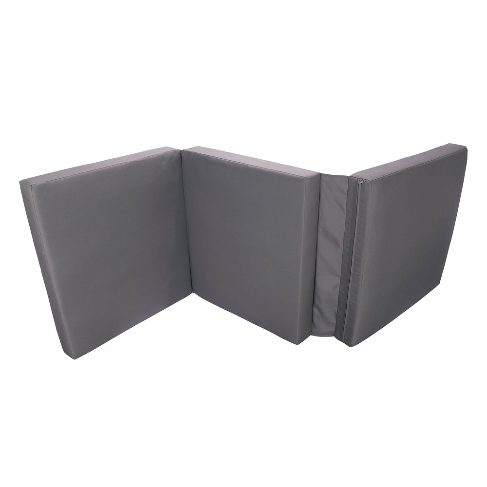 Condition photo showing New/Like New for set of 6 modern patio water-repellent tri-fold lounge chaise cushions in dark grey. 27.75 w x 76.25 d x 4.00 h