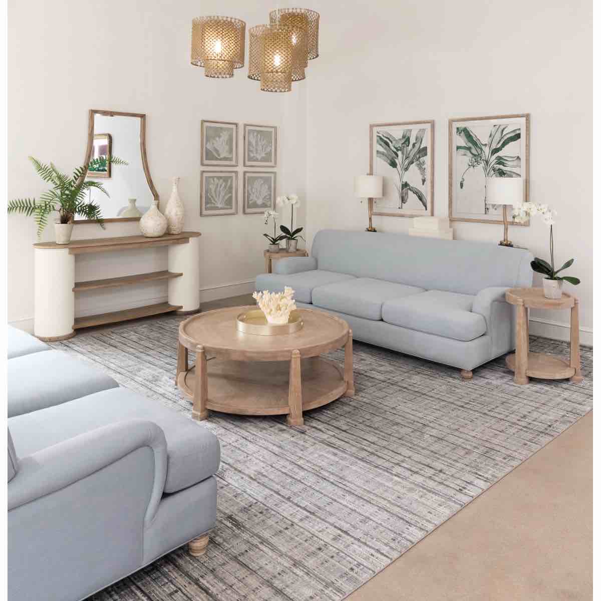 Condition photo showing New/Like New for tortola single coffee table in driftwood (new in box) 16.75'' h x 47.38'' w x 47.38'' d