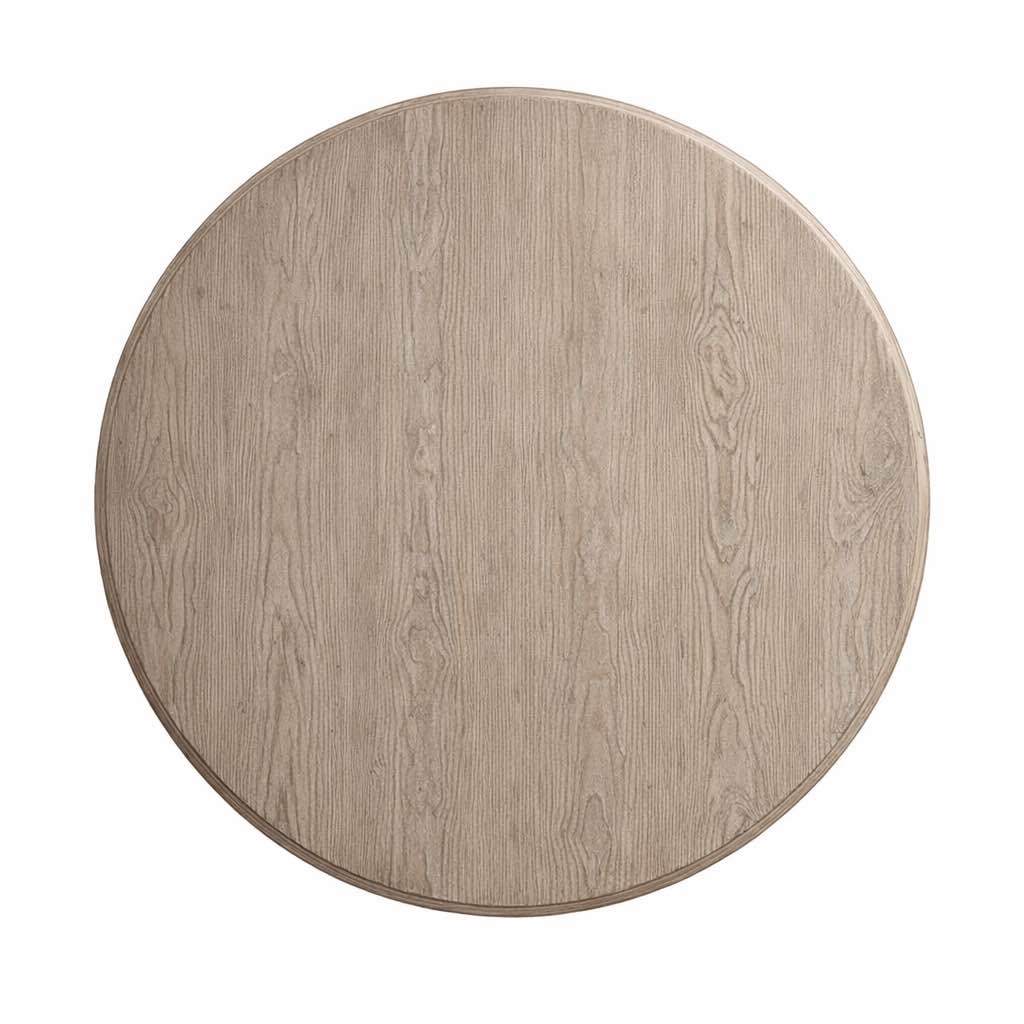 Condition photo showing New/Like New for classic home baldwin round mango wood taupe table top. 60 w, 1 thick