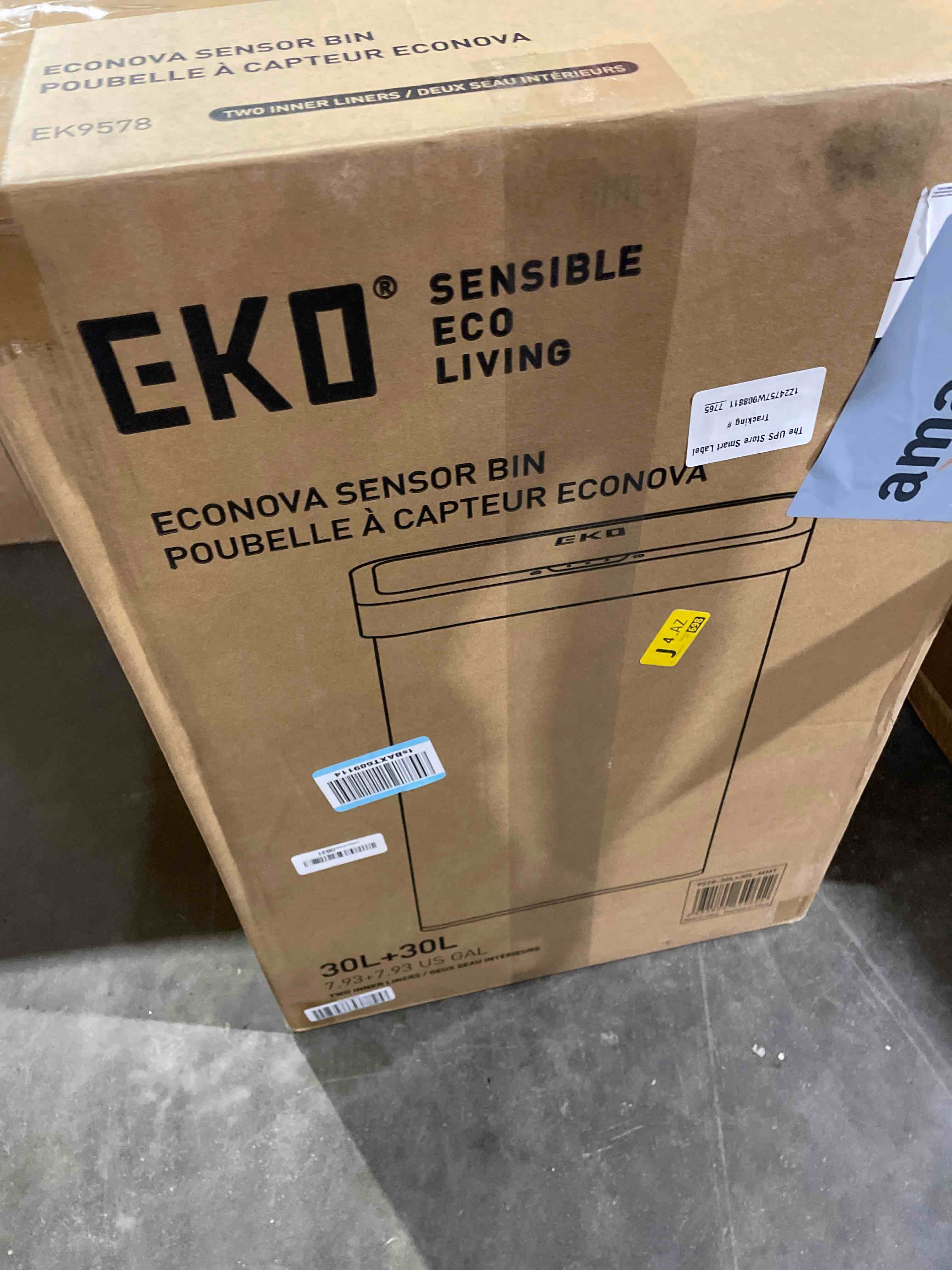 Condition photo showing New/Like New for eko econova 30l+30l dual compartment motion sensor trash can, 16 gallon automatic kitchen and recycling bin, soft-close lid, fingerprint-resistant stainless steel garbage bin, 2 inner buckets motion sensor - 30l +30l