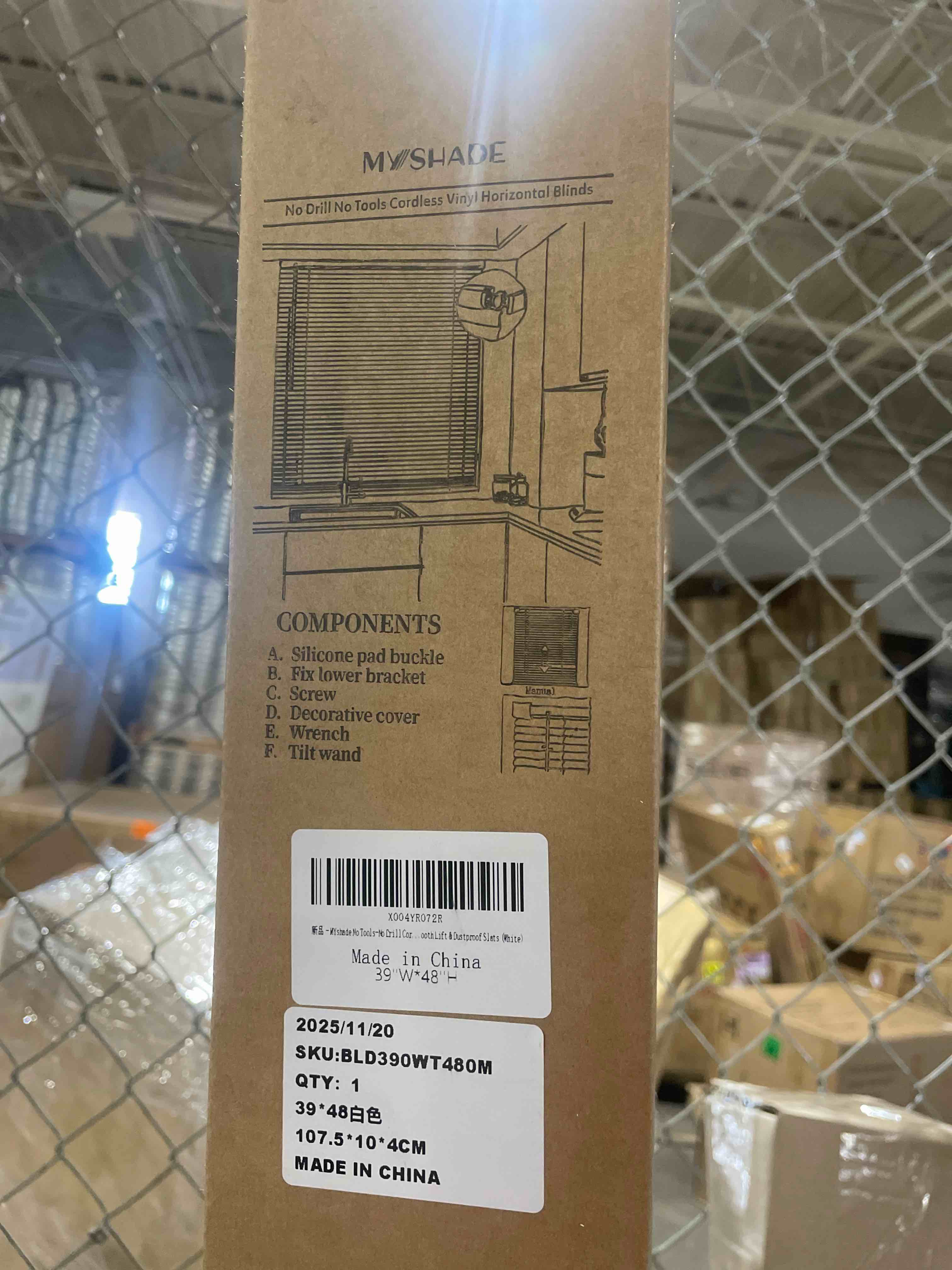 Condition photo showing New/Like New for myshade no-drill cordless horizontal mini blinds – 39" w x 48" h tool-free inside mount window blinds with 1" vinyl slats, light filtering & privacy, child & pet safe, white