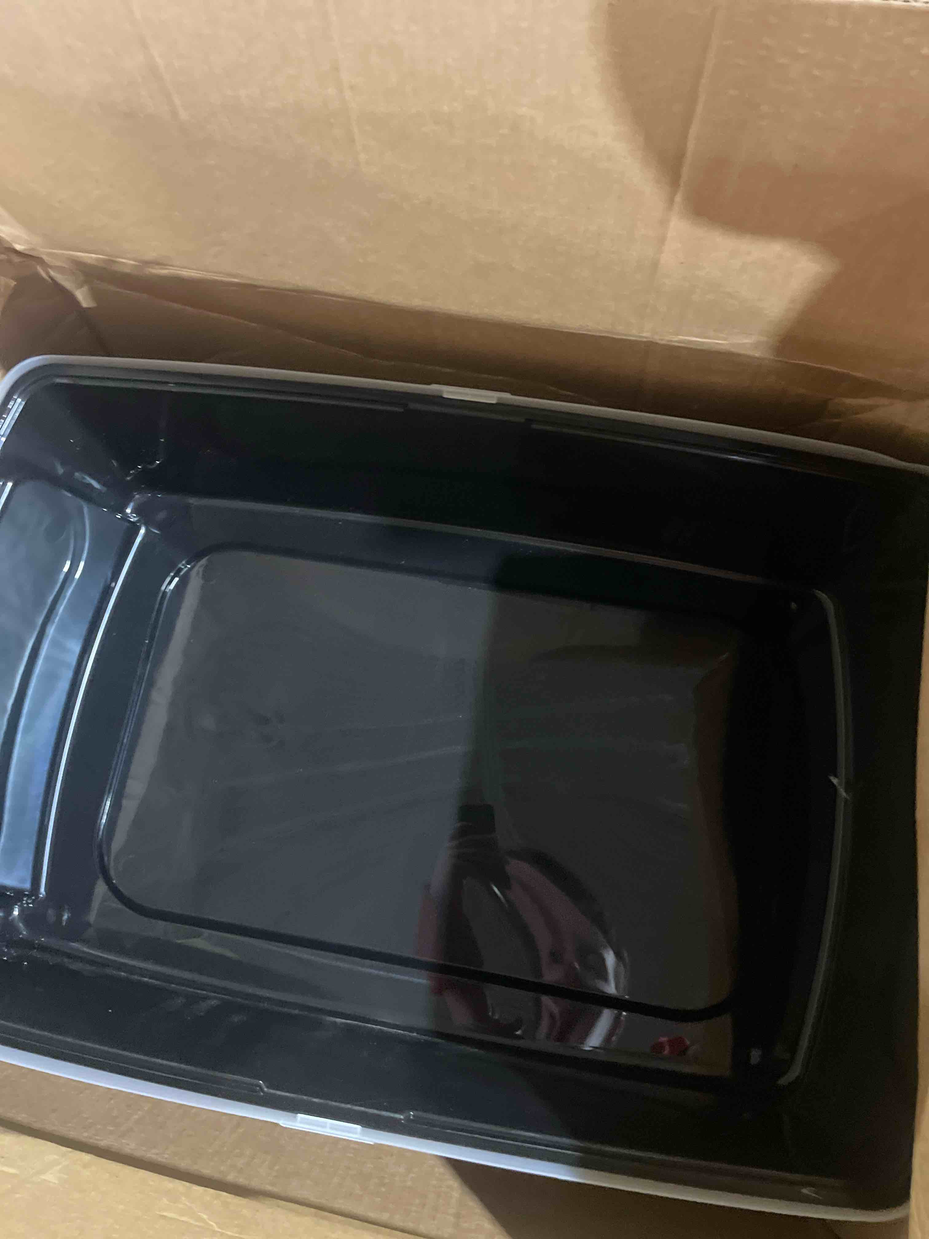 Condition photo showing New/Like New for iris usa cat litter box xx-large open top with high sided walls tall scatter shield scoop included easy clean plastic pan for big cats kittens multi-cat households 30"l x 20"w x 14"h black xxl black