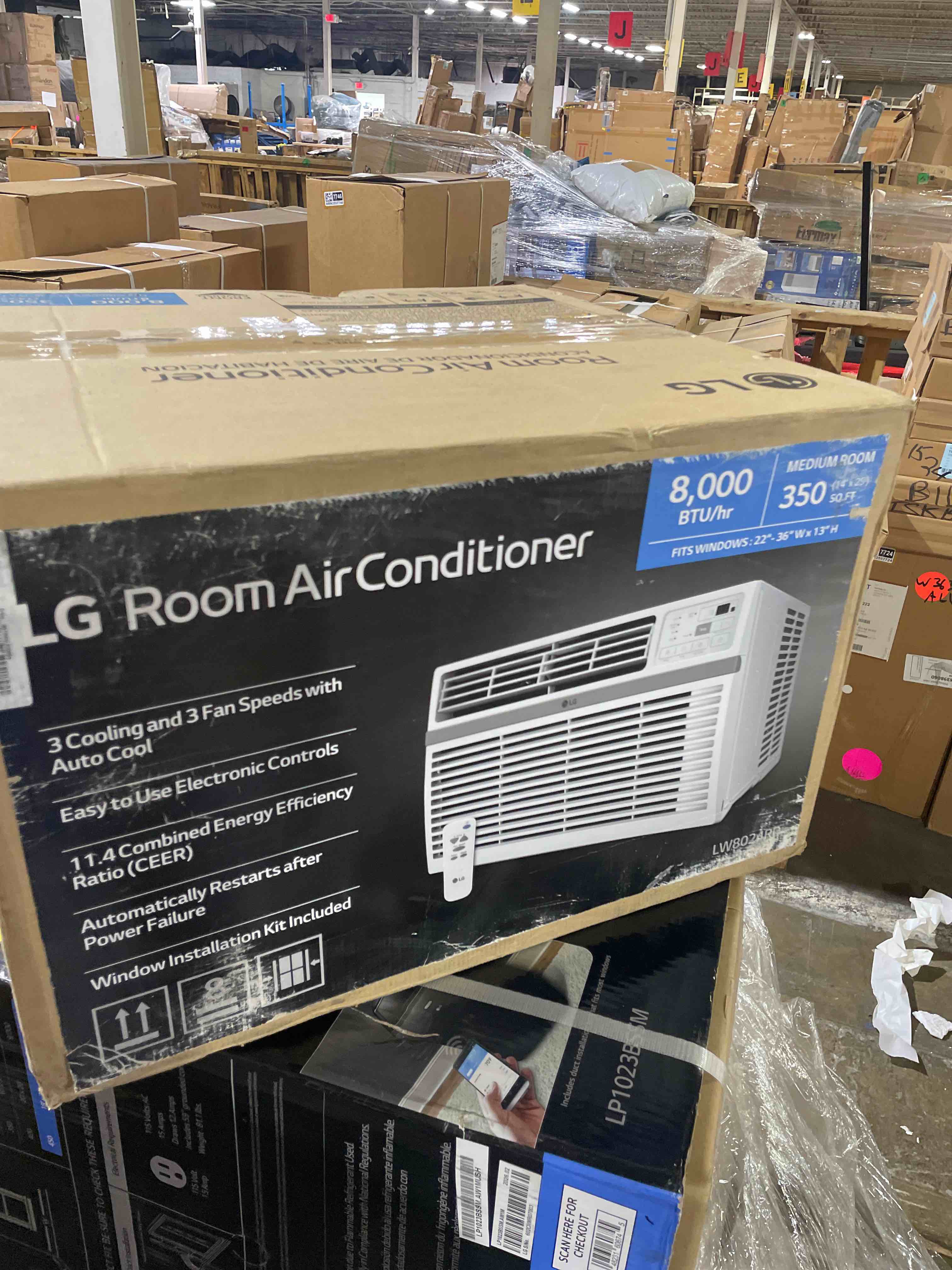 Condition photo showing As Is for lg 8,000 window air conditioner, 115v, 350 sq.ft. (14' x 25' room size), quiet operation, electronic control with remote, 3 cooling & fan speeds, auto restart, 8000 btu, white (used)