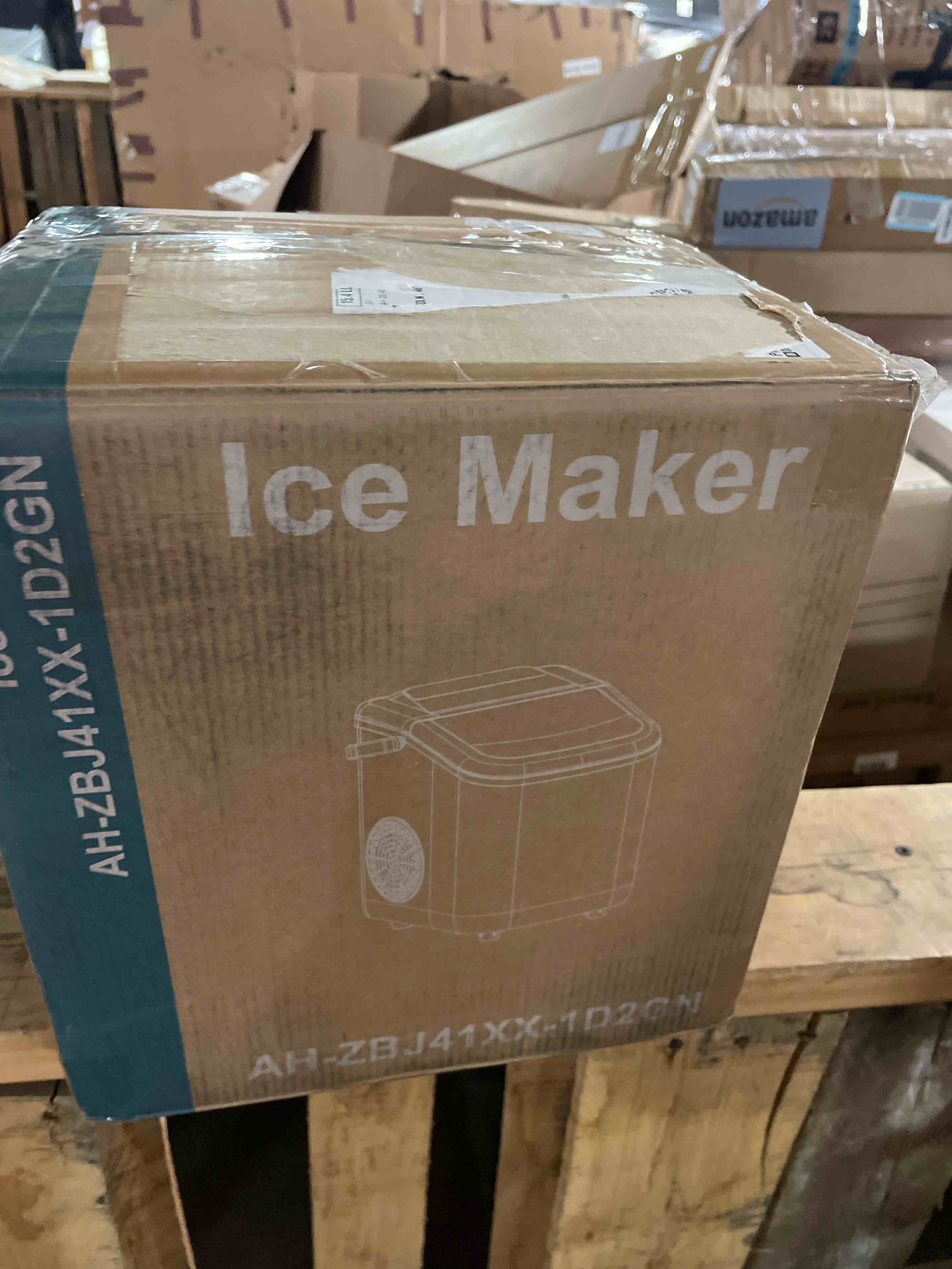 Condition photo showing As Is for dumos ice maker countertop, ice machine with portable handle, basket and scoop, 26lbs daily, 9 bullet cubes in 6-8 mins, auto-cleaning for home, kitchen, office, outdoors, rv camping
