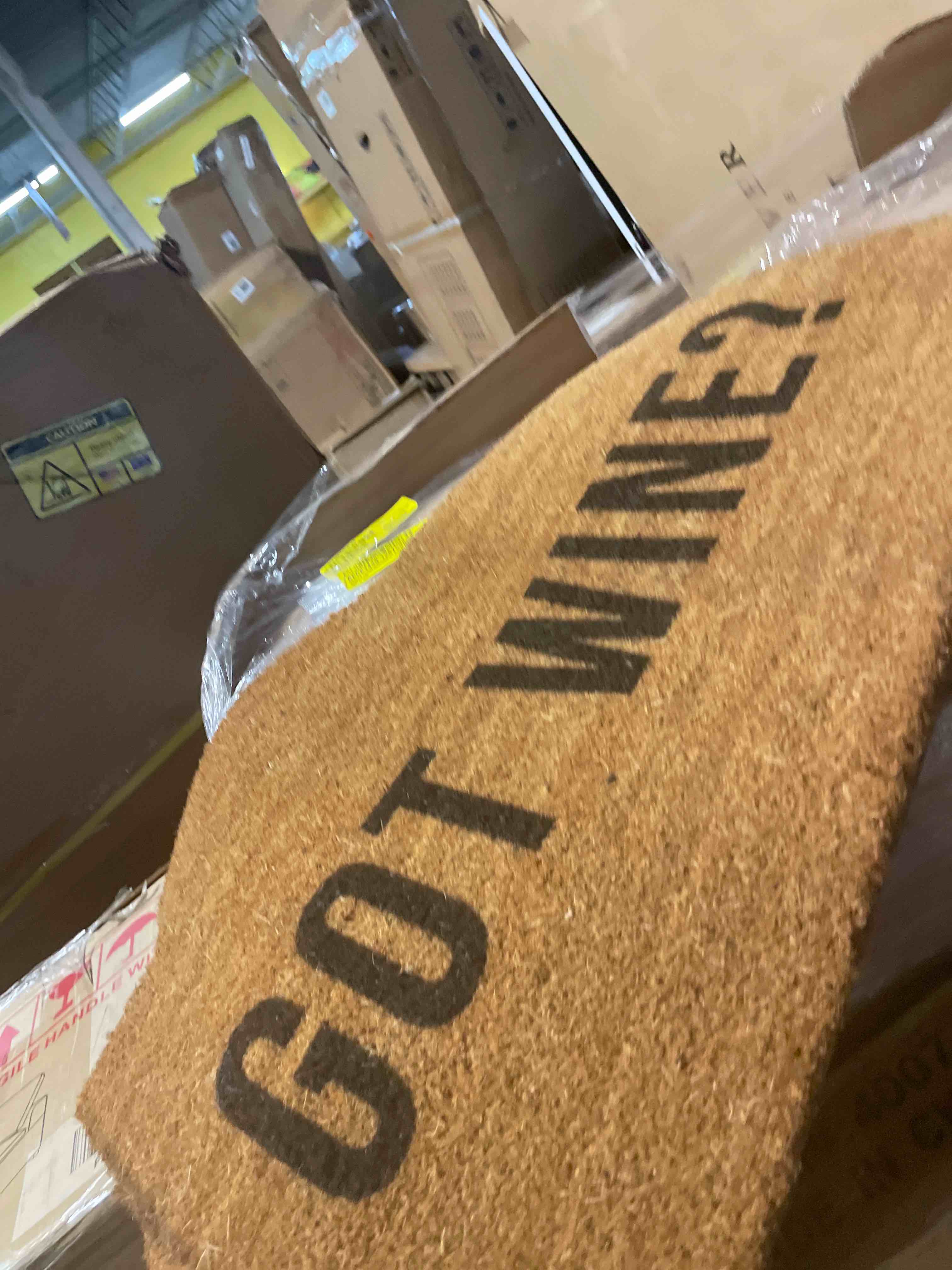 Condition photo showing New/Like New for evergreen flag funny welcome mat coir doormat | 28" x 16" front door mat outdoor entrance | no slip door rugs entryway indoor | got wine?