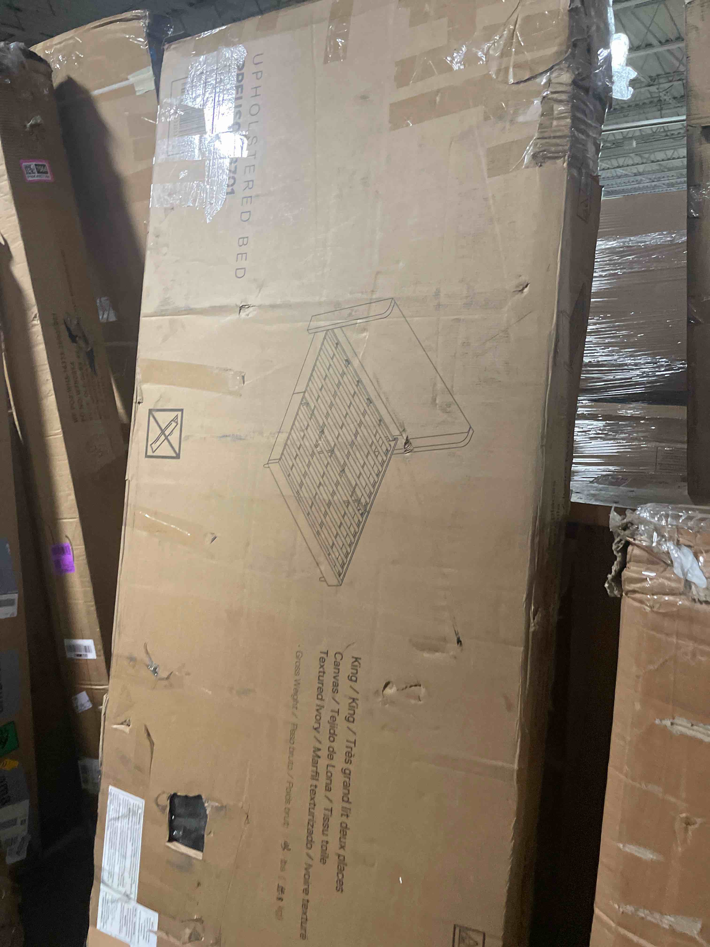 Condition photo showing Good Condition for king 54" tall headboard wingback upholstered platform bed frame elegant simplicity textured canvas for bedroom strong wood slats support no box spring needed easy assembly no noise ivory