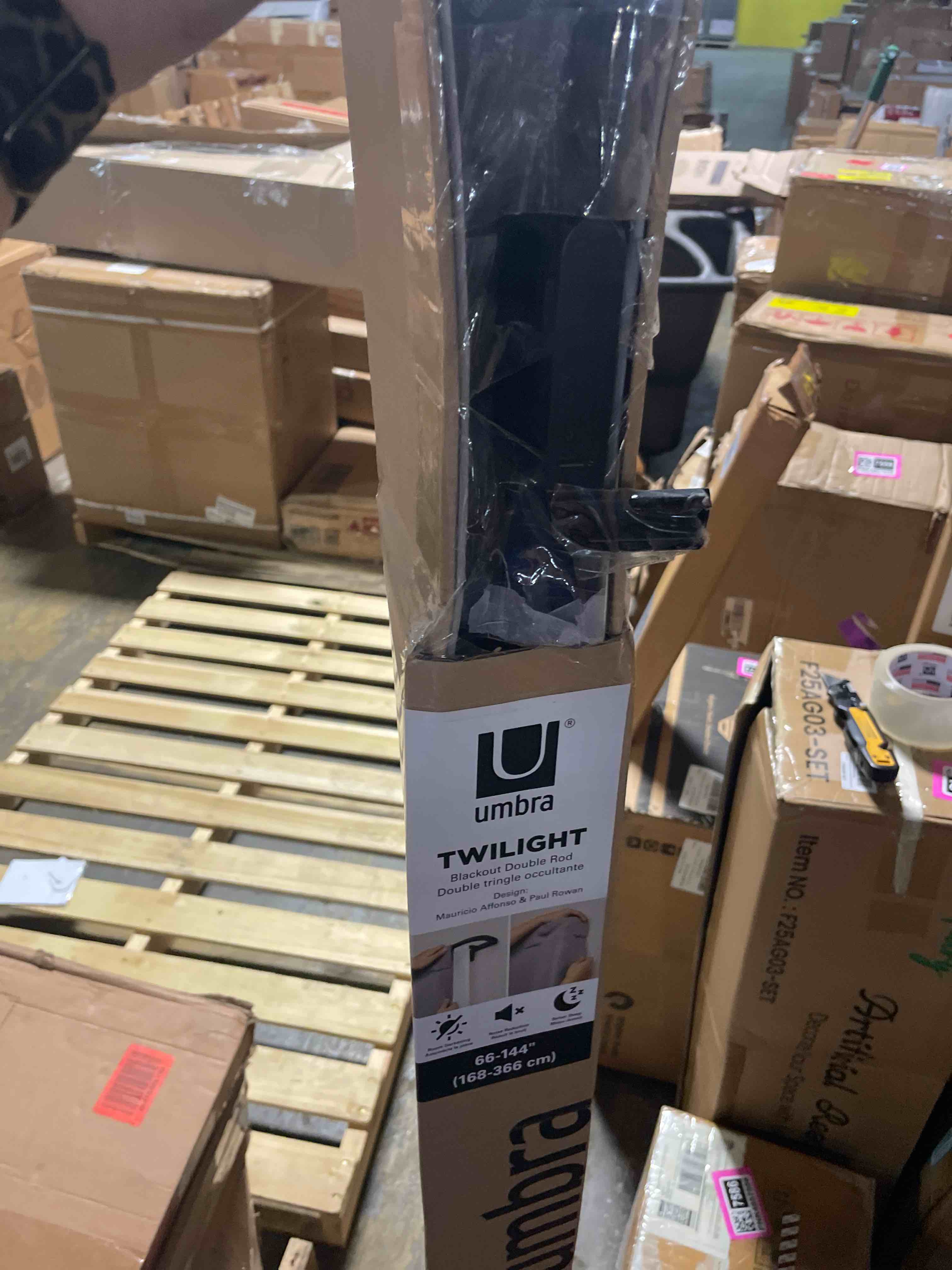 Condition photo showing As Is for umbra twilight double curtain rod set – wrap around design ideal for blackout or room darkening panels, 30 to 84 inches, black black 30" to 84"