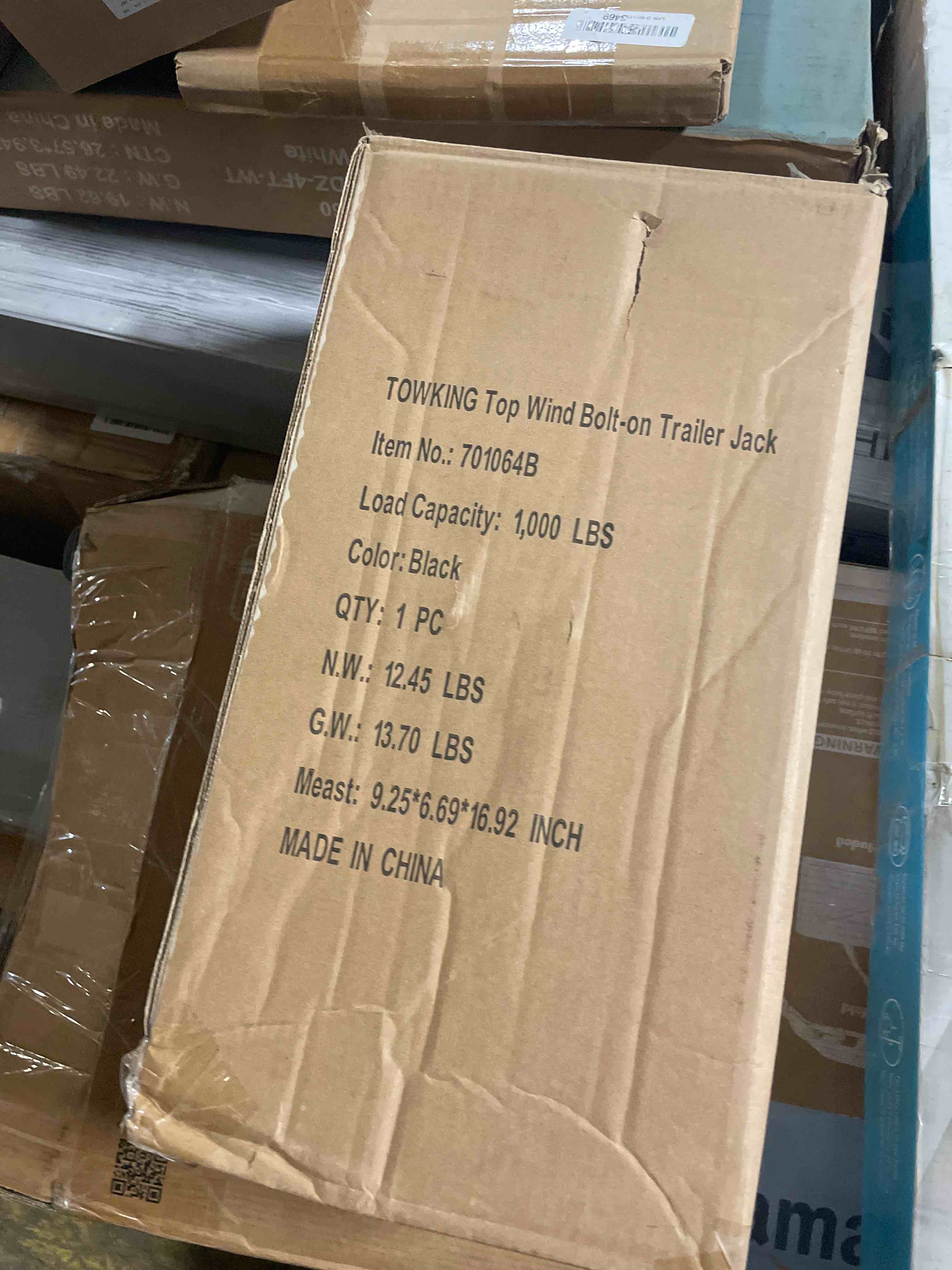 Condition photo showing New/Like New for swivel bolt-on trailer jack, trailer jack stand, 10" vertical movement, mounting hardware included, 1000 lbs black