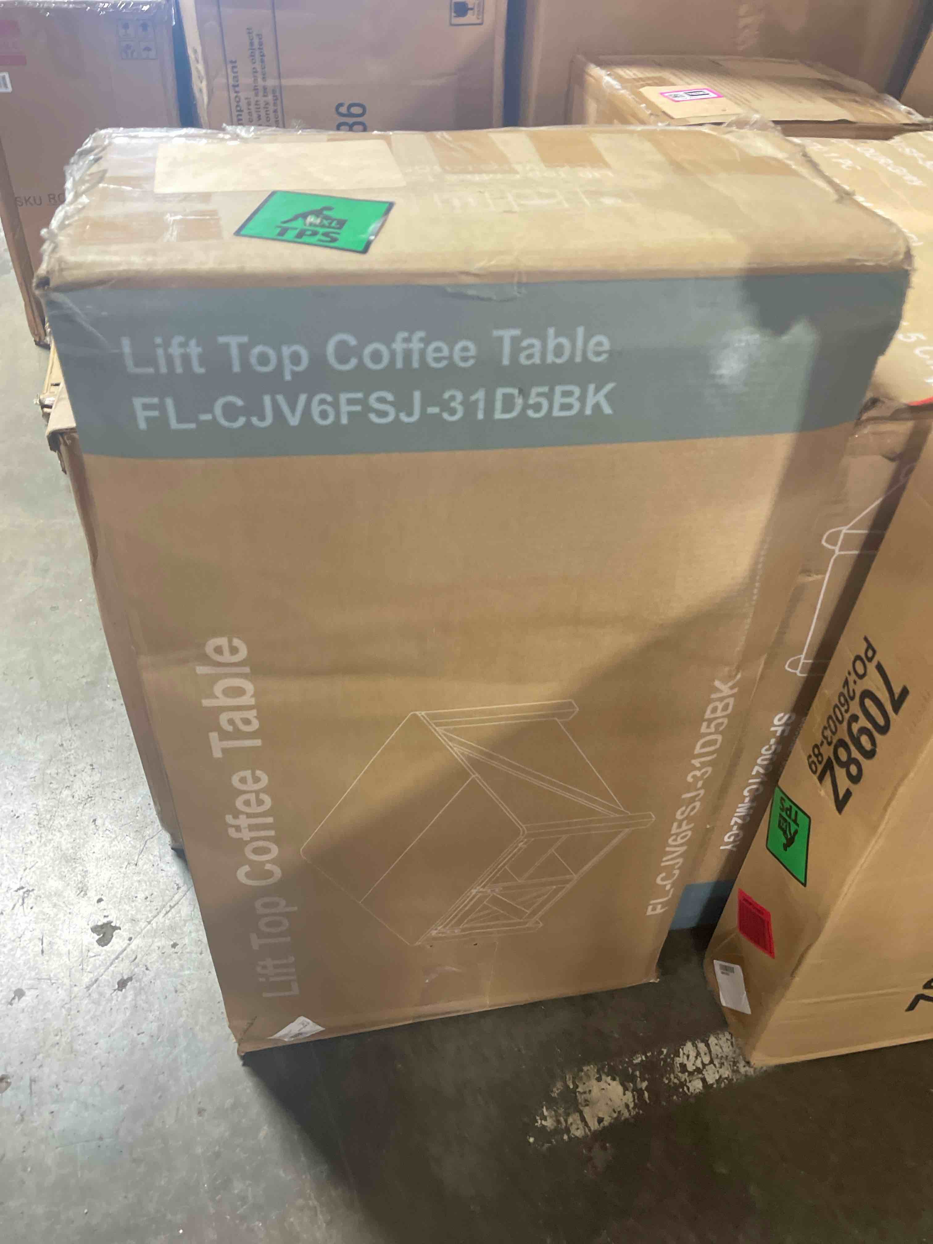 Condition photo showing New/Like New for lift top coffee table for living room with 4 sliding barn doors, 4 in 1 farmhouse coffee table with adjustable shelves and hidden storage compartment, converts to dining table (brown white)