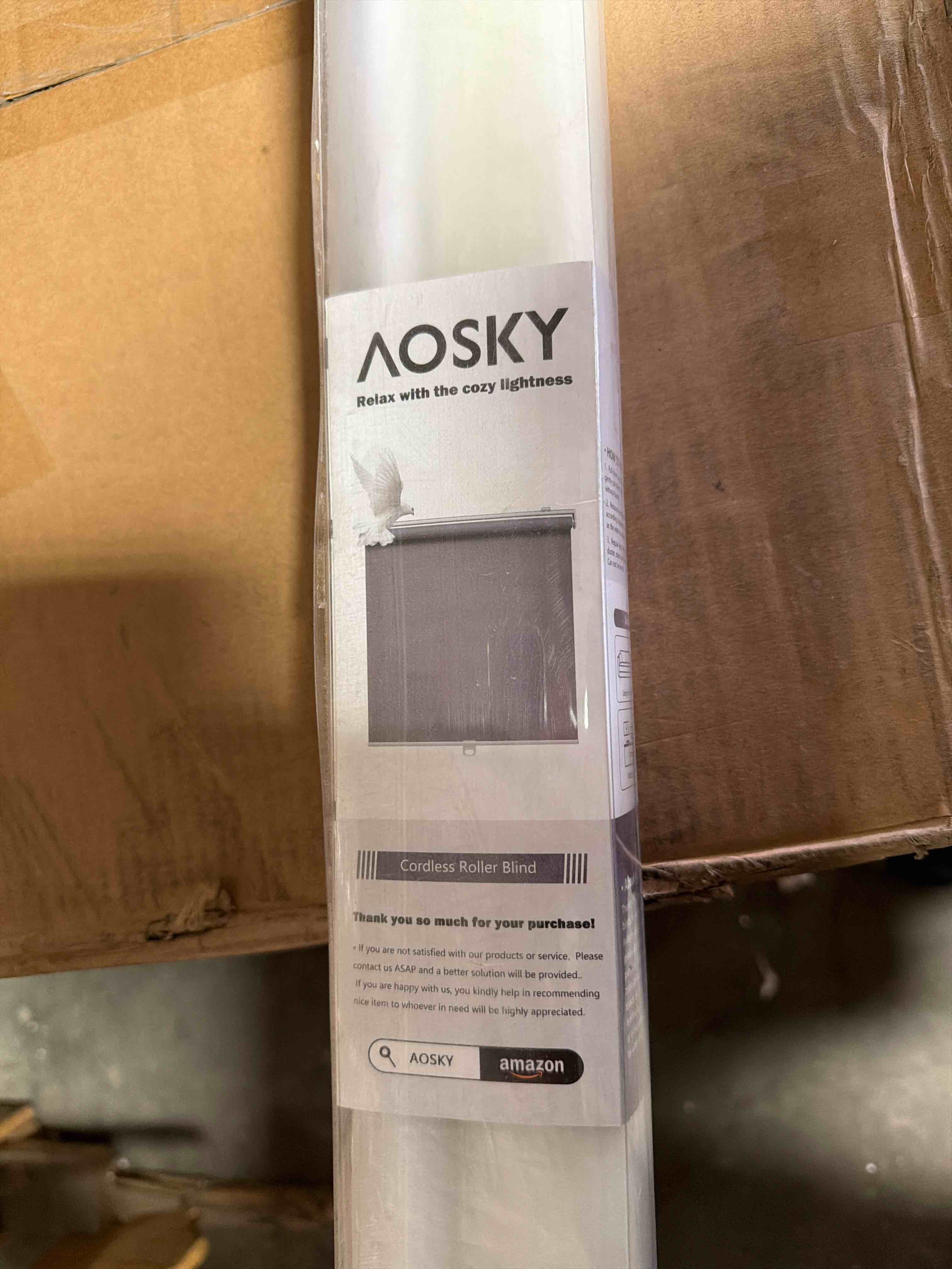 Condition photo showing As Is for aosky cordless roller shades blackout blinds for windows room darkening rolled up shades with spring system, uv protection window shades door blinds for home and office (23" w x 72" h, white)