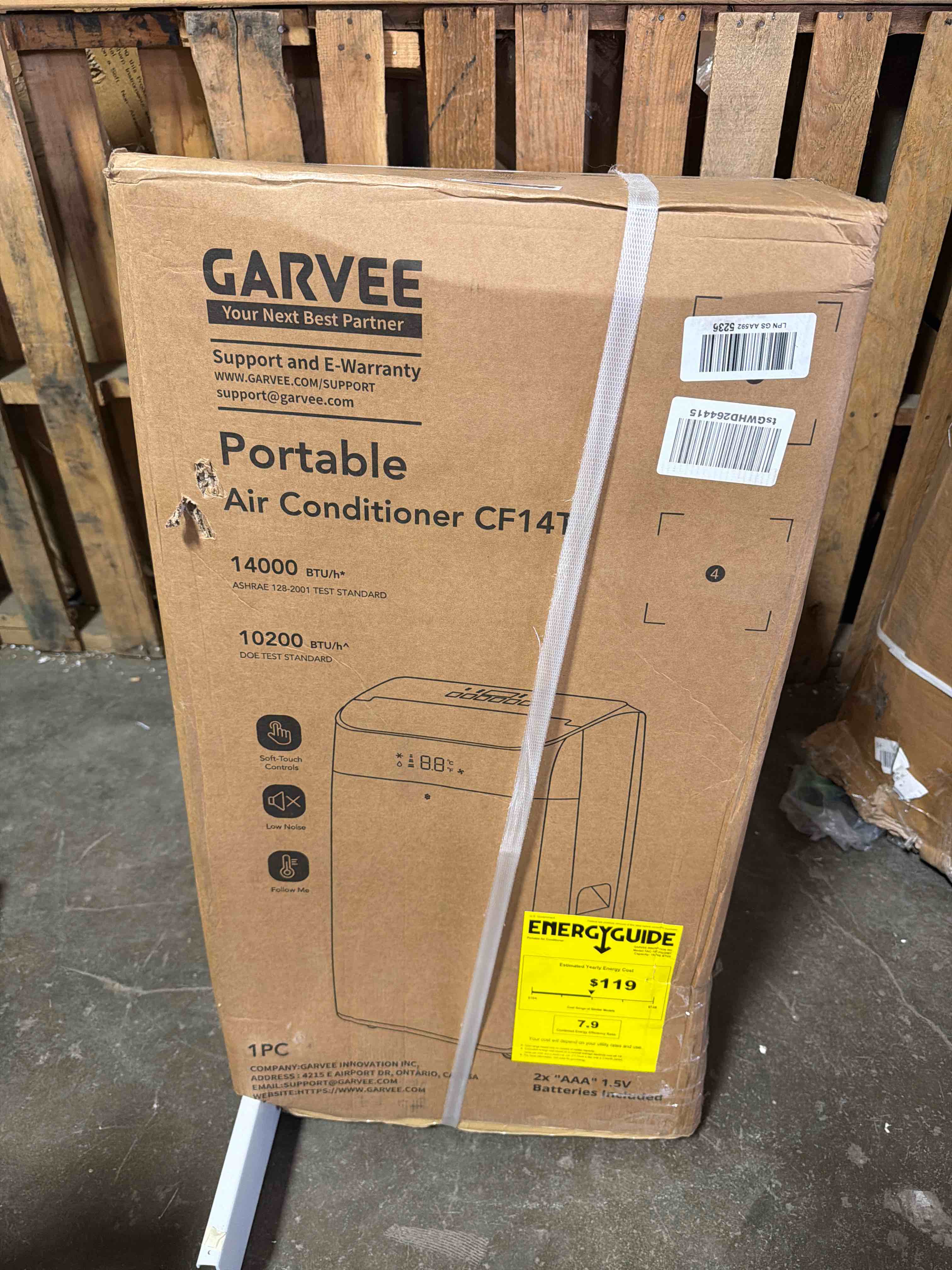 Condition photo showing As Is for 14,000 btu portable air conditioner cools 750 sq. ft with with dehumidifier and remote control in white