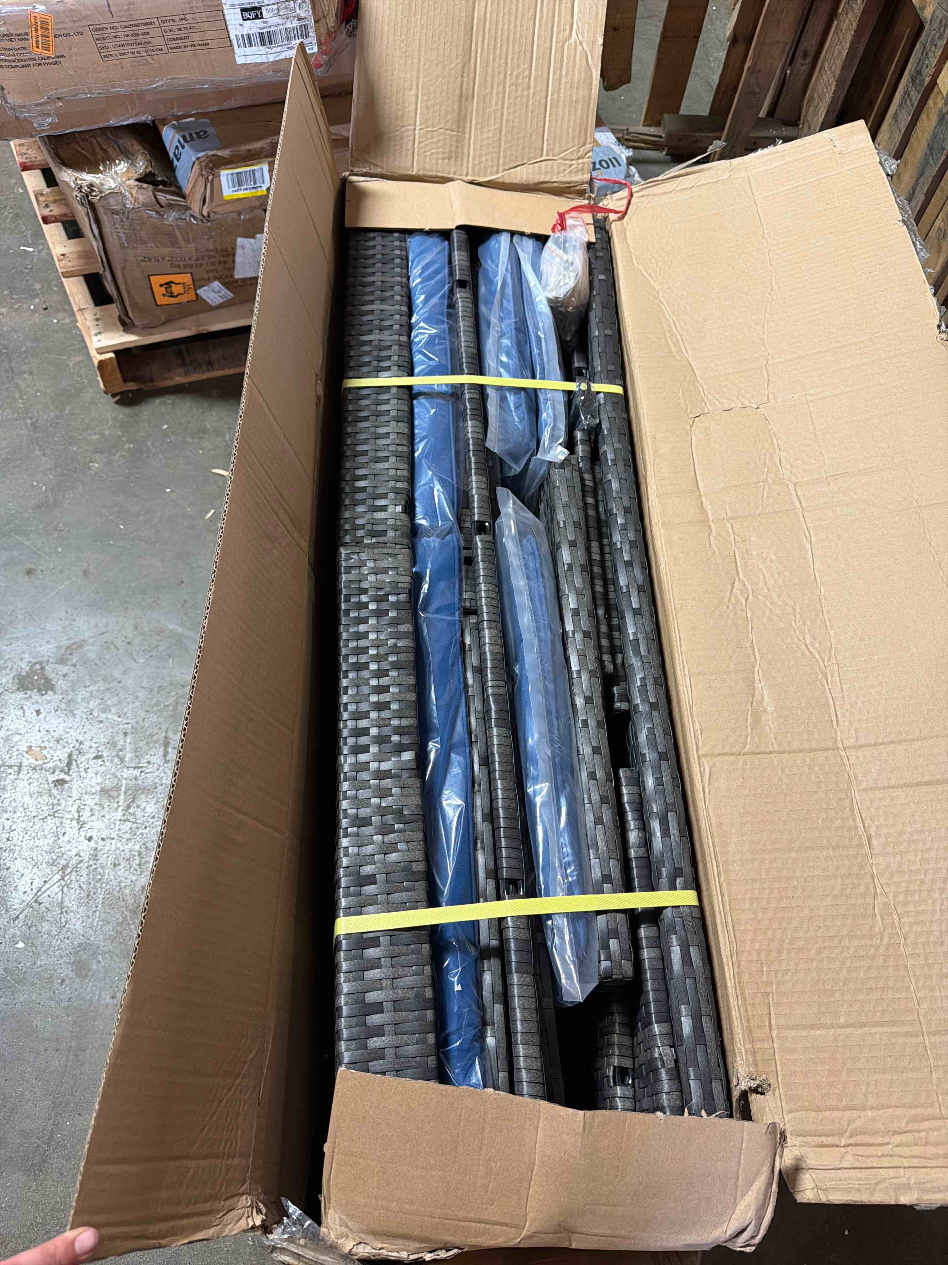 Condition photo showing New/Like New for 3 piece outdoor sectional patio sofa, all-weather wicker rattan outdoor furniture set with glass table and cushions