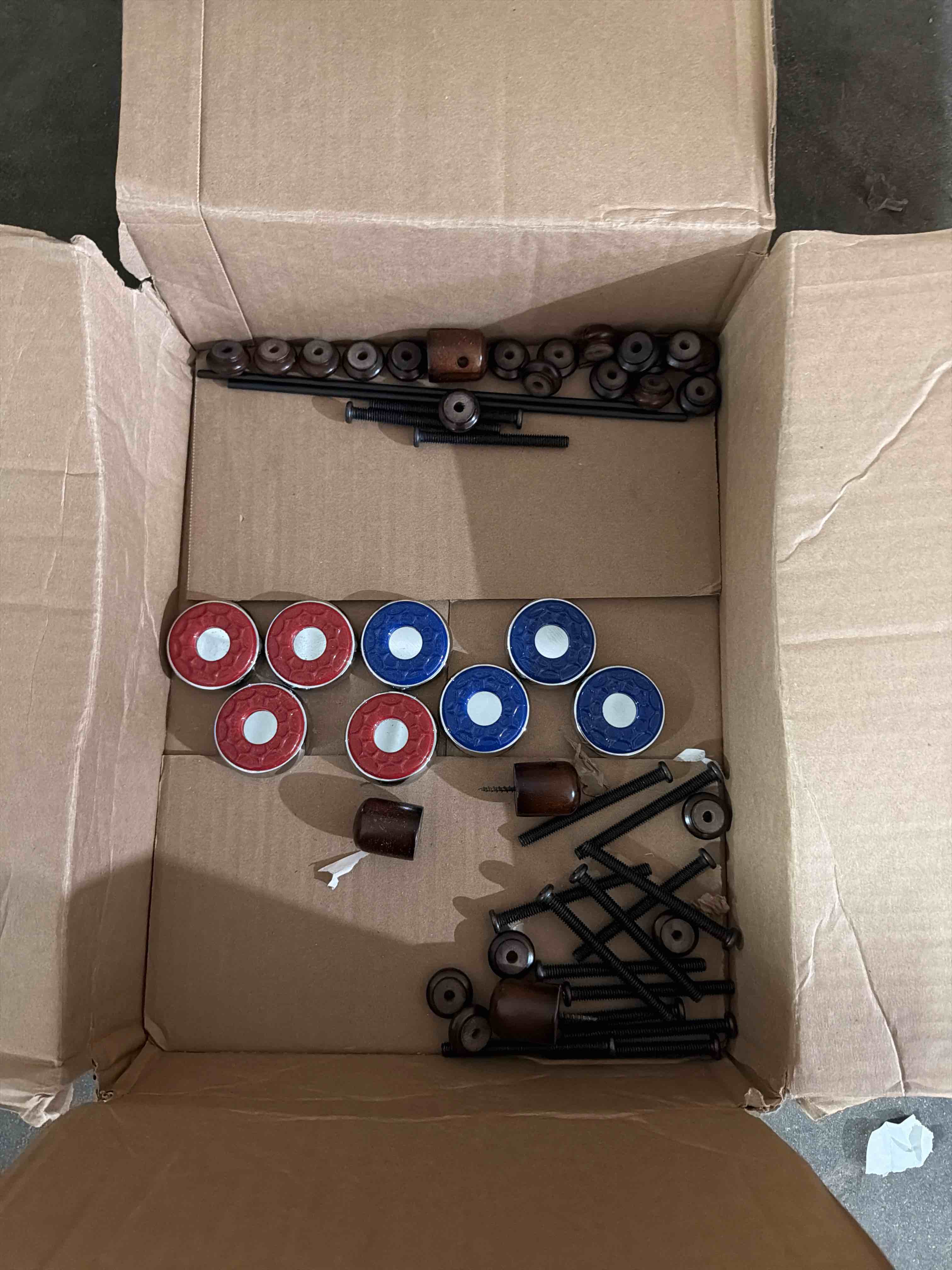 Condition photo showing As Is for challenger shuffleboard table with dark cherry finish, hardwood playfield, storage cabinets, climate adjusters, leg levelers, 8 pucks, brush and wax, (storage cabinet w/hardware, pucks) see lot photos
