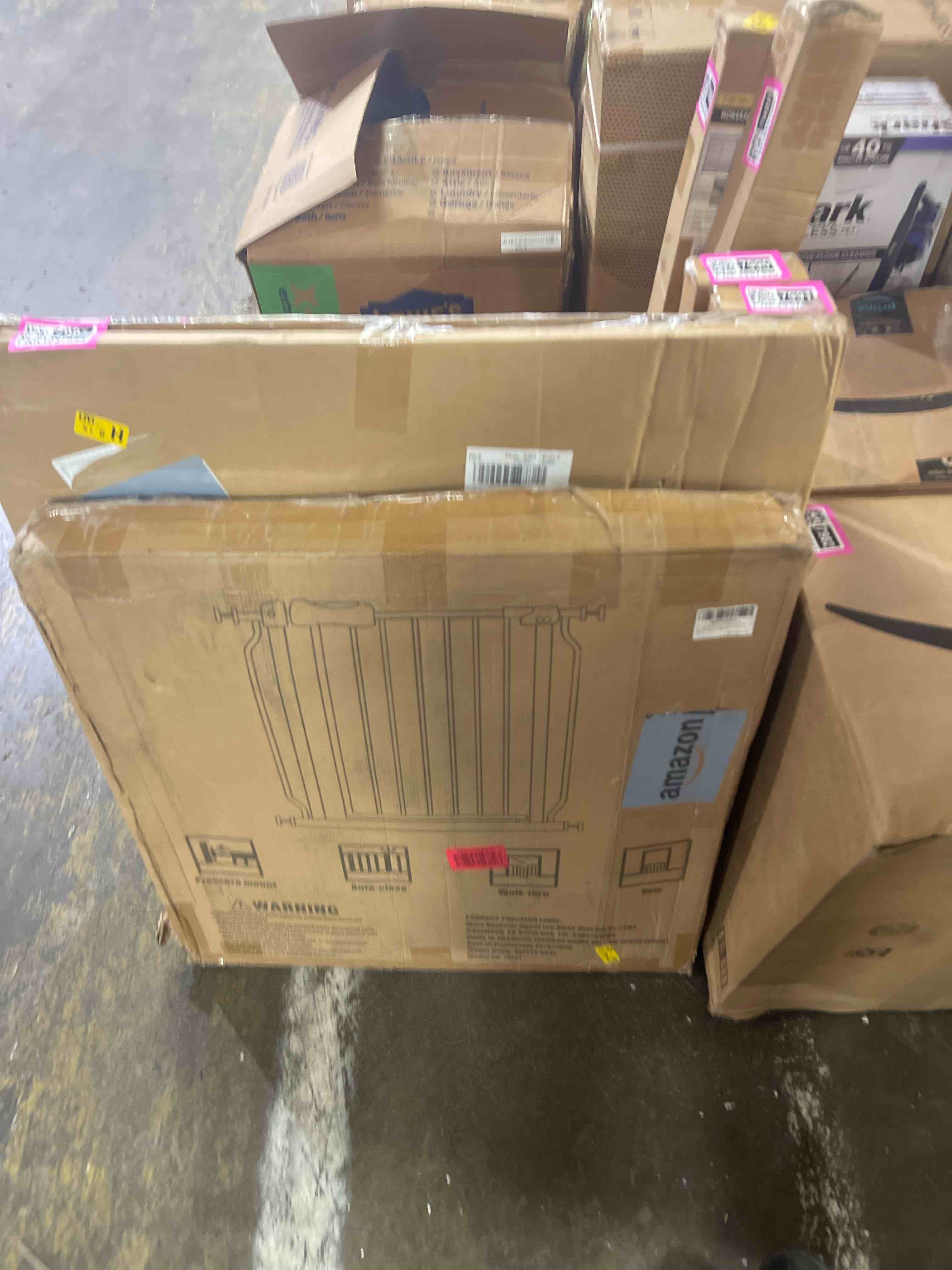 Condition photo showing New/Like New for extra wide baby gates large long dog gates for doorways stairs pressure mounted dog pet gate walk through metal child indoor safety gates (white, 76.38"-81.10"/194-206cm) 76.38"-81.10"/194-206cm white