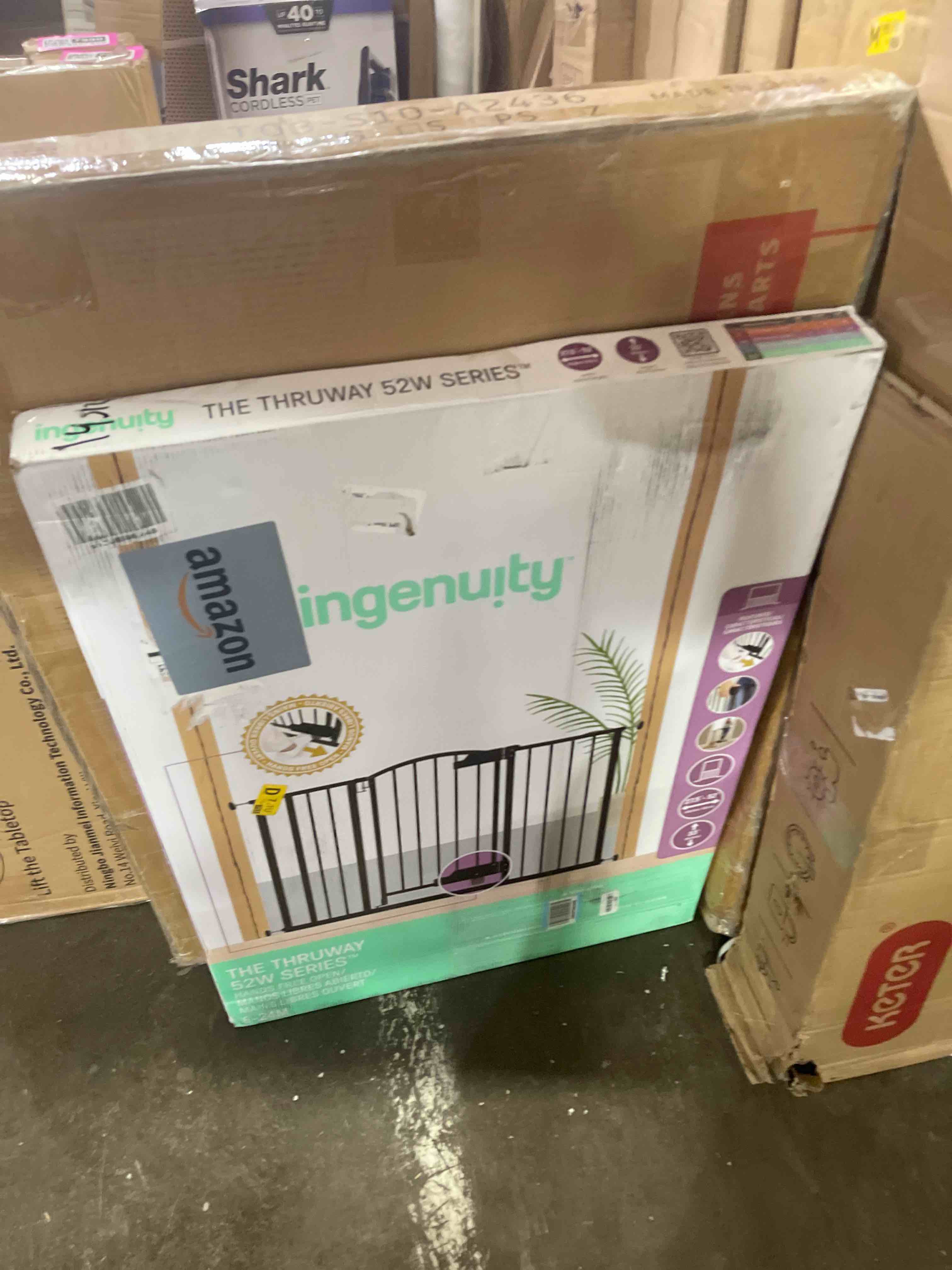 Condition photo showing New/Like New for ingenuity easy open baby gate & dog gate, hands-free open patent-pending foot pedal, 27.5"-52" wide, 28" tall, hardware or pressure mounted, install in doorway, bottom of stairs, or wall - espresso espresso 28"