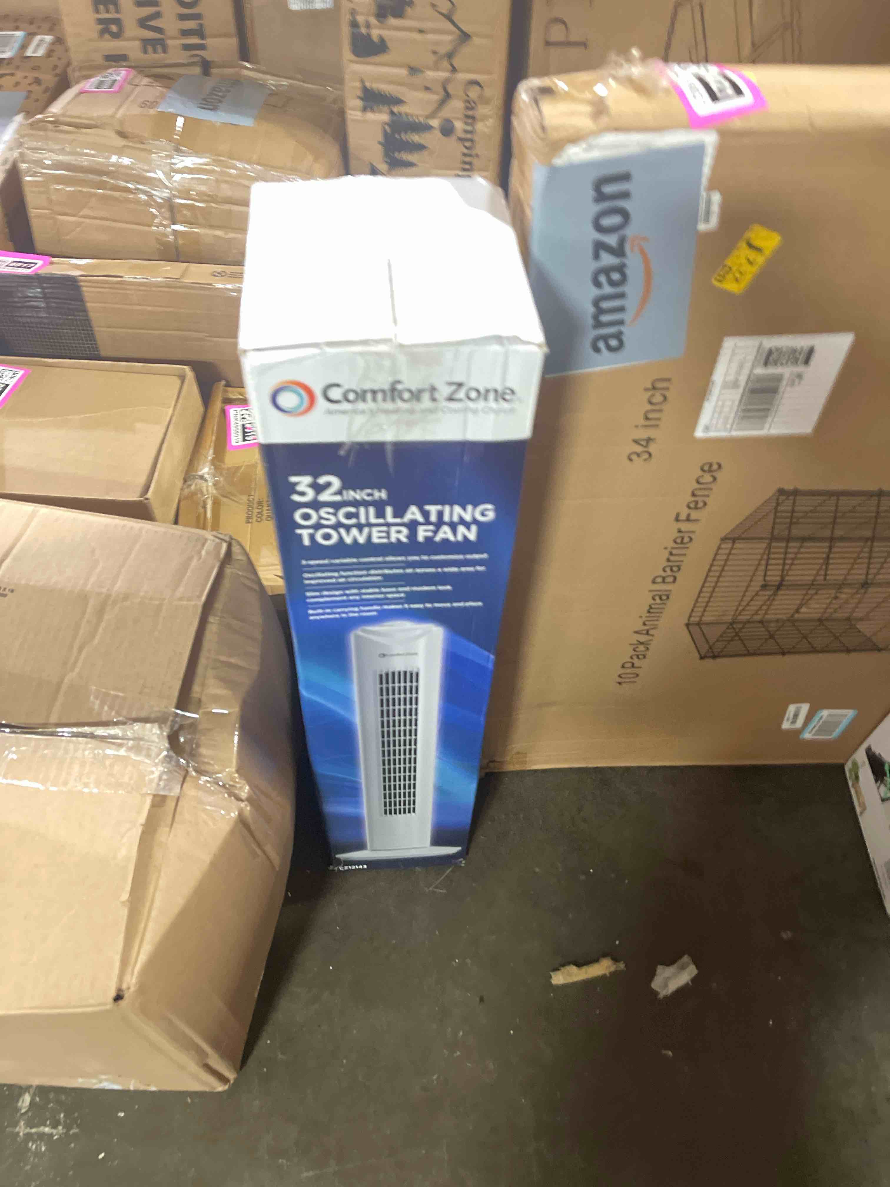 Condition photo showing New/Like New for comfort zone 32-inch oscillating tower fan – ultra-slim bladeless design with 3 speeds, 90° wide oscillation & built-in carry handle – quiet portable standing fan for bedroom, home, or office, white