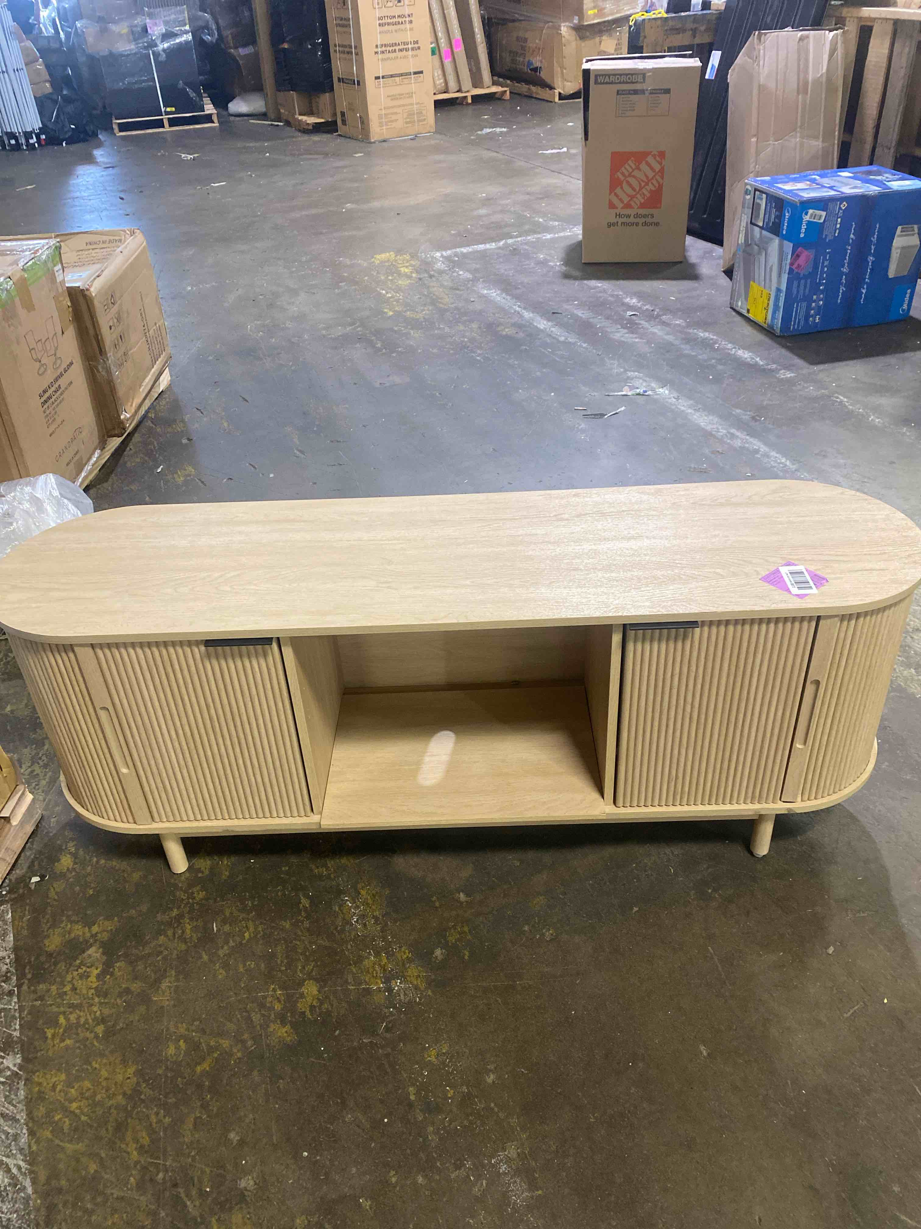 Condition photo showing Good Condition for garvee 55" fluted tv stand with storage for tvs up to 65", oak | mid century entertainment center for living room, media console table with sliding tambour door, led lights, power outlet
