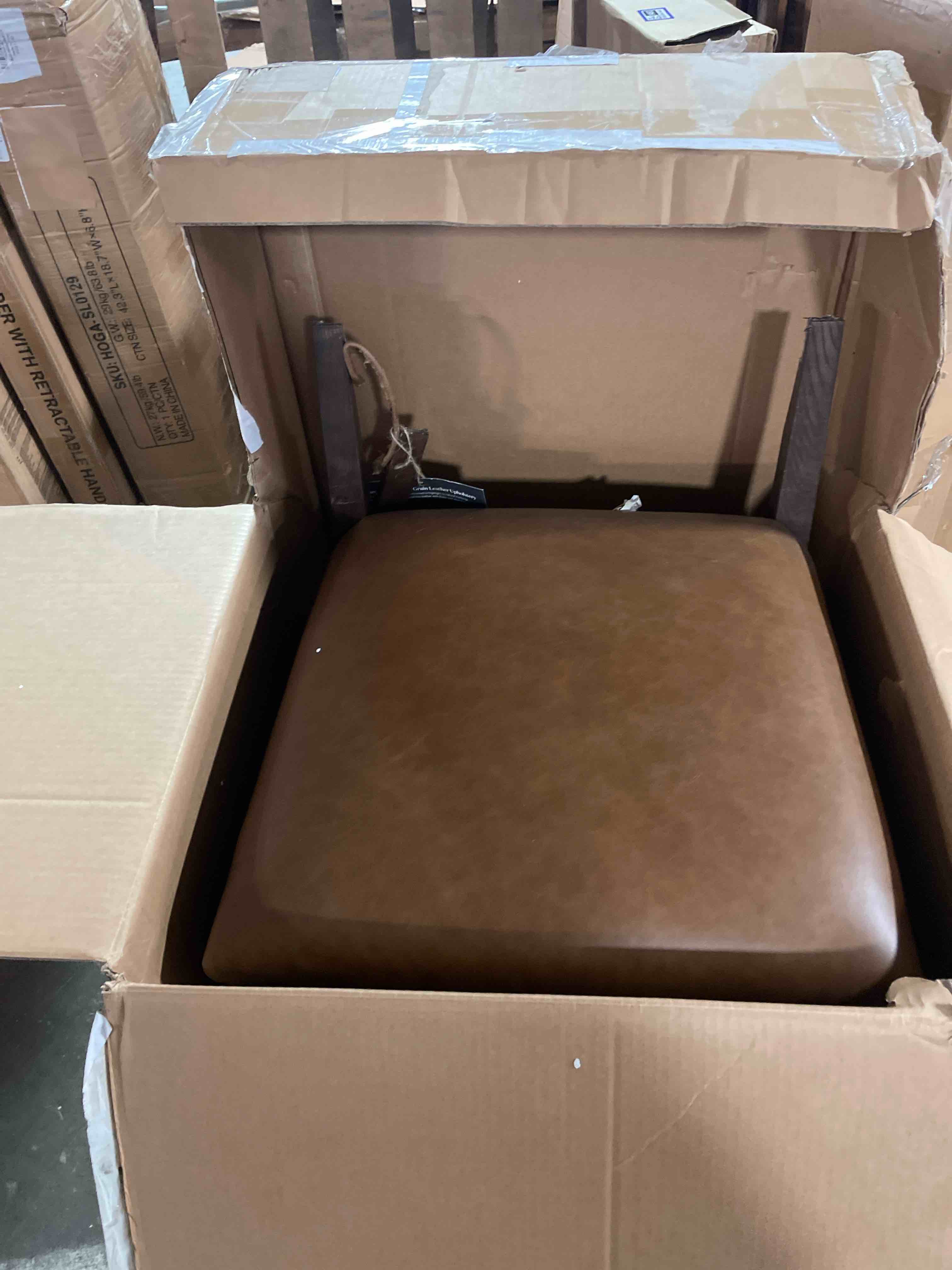 Condition photo showing As Is for rocity brown dining chairs natural wooden, removable cushions | pu faux leather, comfortable foam padding, solid wood, modern organic style, easy-care design (only one chair and no back)
