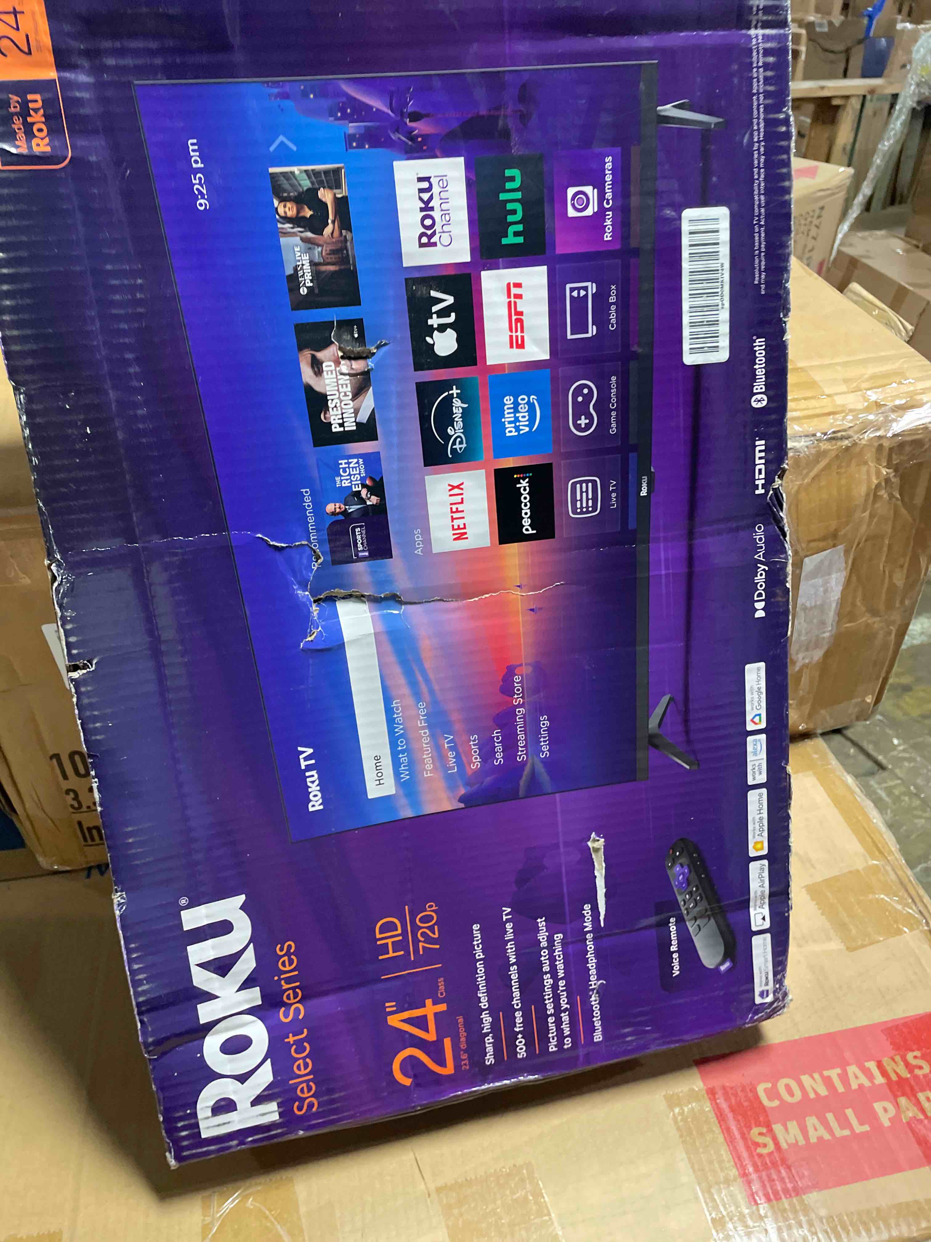 Condition photo showing New/Like New for roku smart tv 2025 – 24-inch select series, 720p hd tv – roku tv with voice remote – flat screen led television with wi-fi for streaming live local news, sports, family entertainment