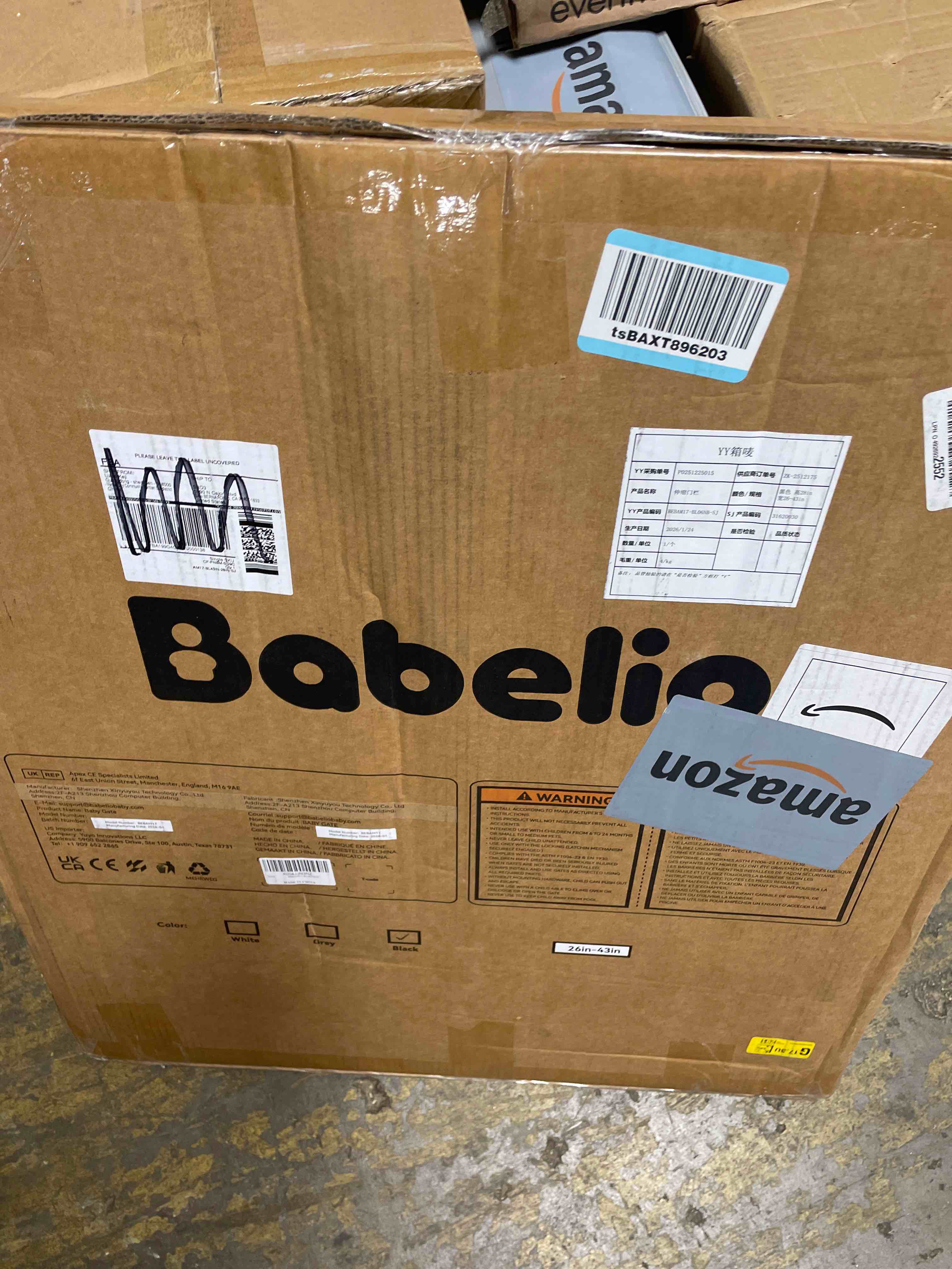 Condition photo showing New/Like New for babelio baby gate for stairs, kitchen & doorways, no bottom bar| one-handed operation| auto-close| hardware mount (drill needed) safety dog/pet gate (black - b17, 26-43" w, 28" h)
