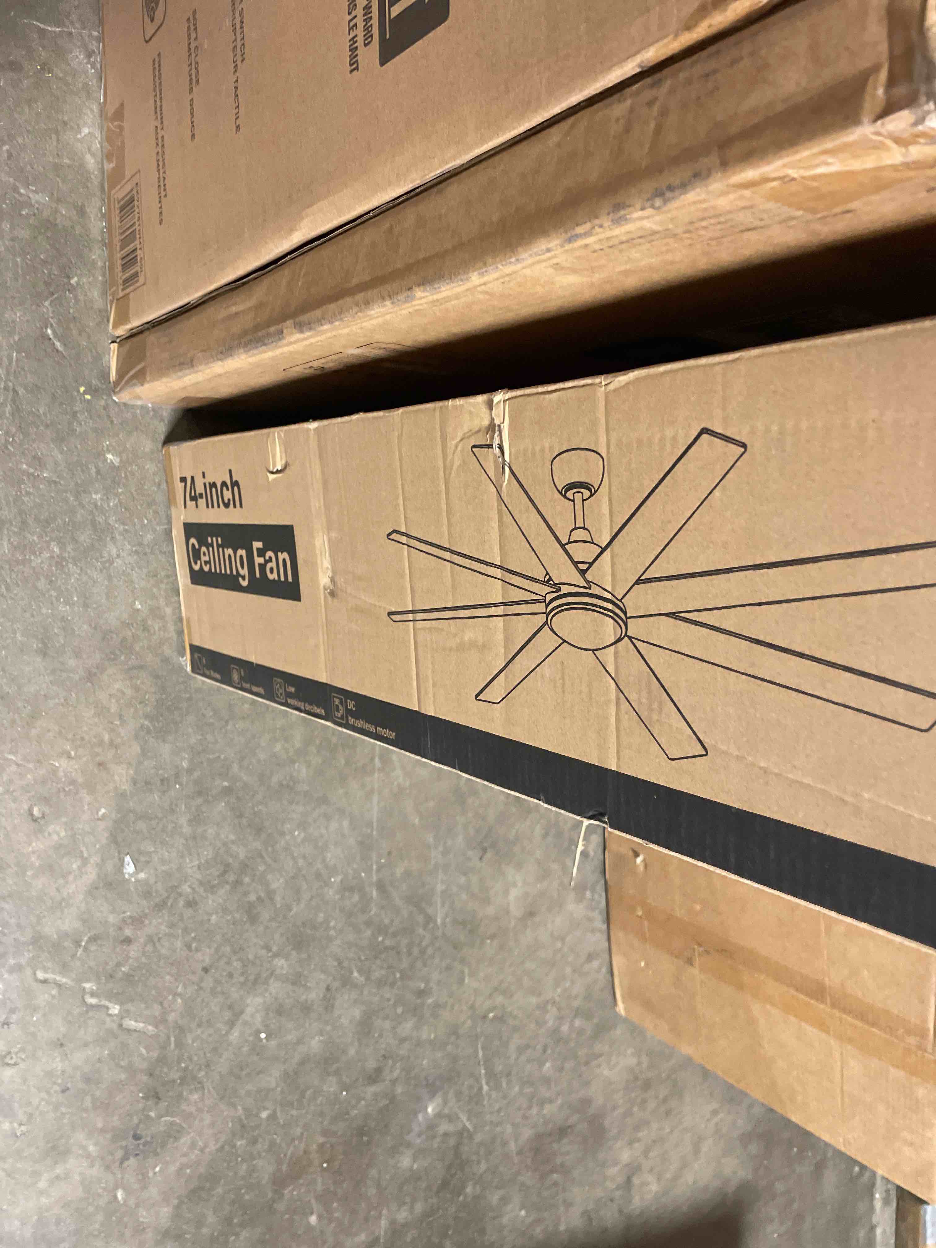 Condition photo showing New/Like New for fanbulous 74 inch ceiling fans with lights and remote, black indoor/outdoor ceiling fan with quiet reversible dc motor, 6 speeds, 3cct, 8 blades large ceiling fan for living room bedroom patio black 74 inch