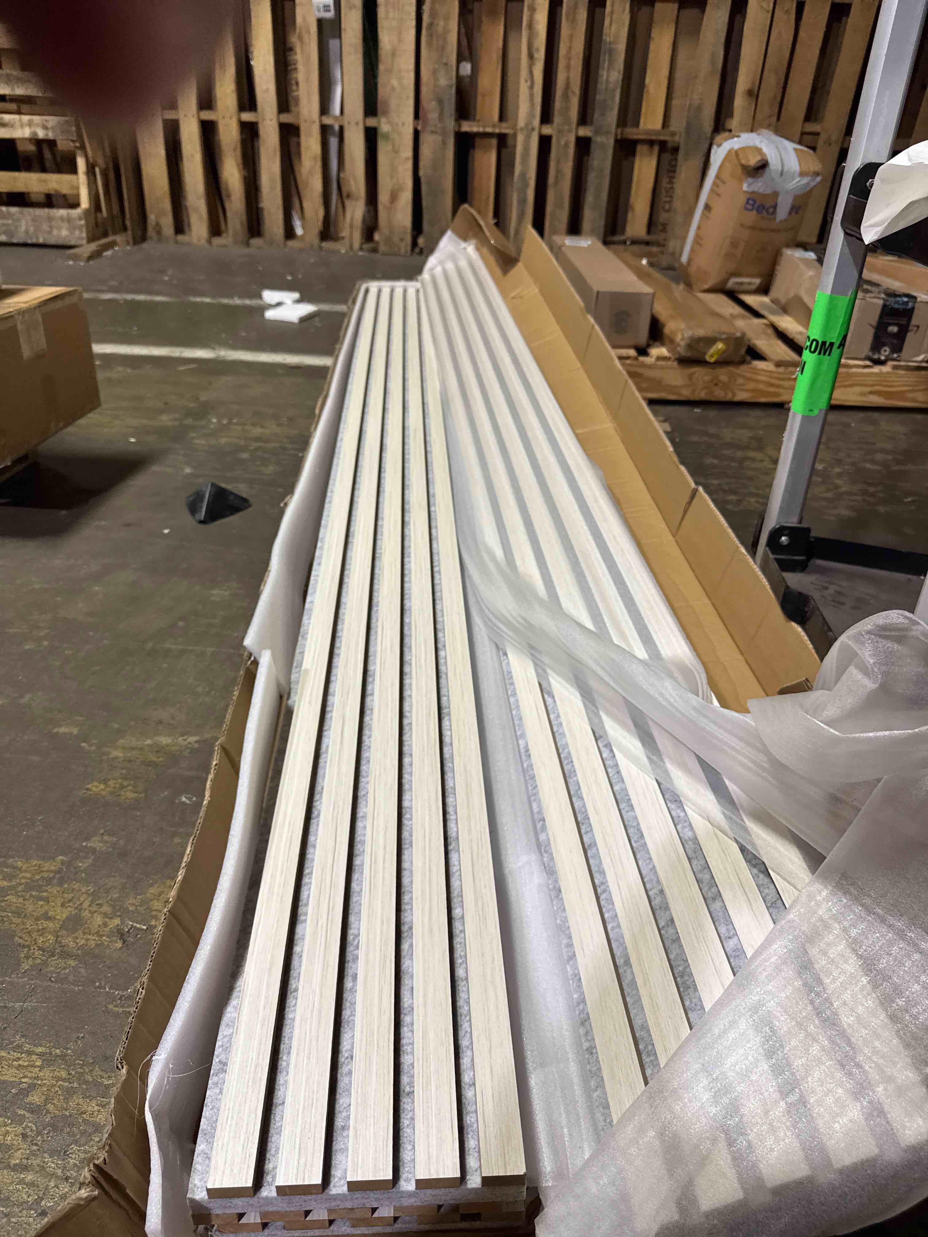 Condition photo showing New/Like New for neatiease wood panels for wall, 4-piece 120" x 12.6" soundproof wood slat wall panel for interior wall decor noise cancelling, acoustic wall panels, sound absorbing panel (white )