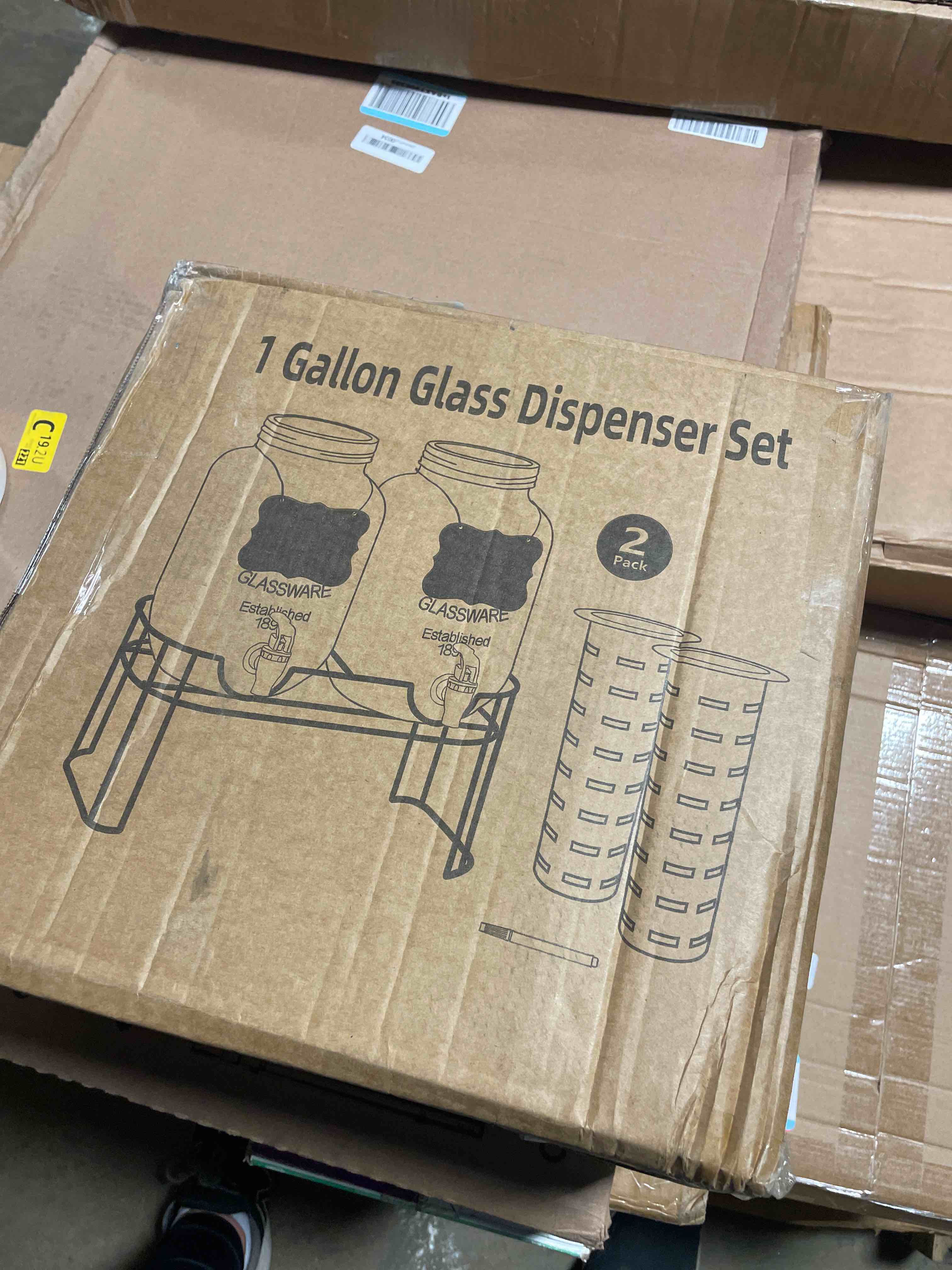Condition photo showing New/Like New for 1 gallon glass drink dispensers for parties 2pack.beverage dispenser,glass drink dispenser with stand and stainless steel spigot 100% leakproof.lemonade dispenser with ice cylinder.laundry detergent 1 gallon double with stand
