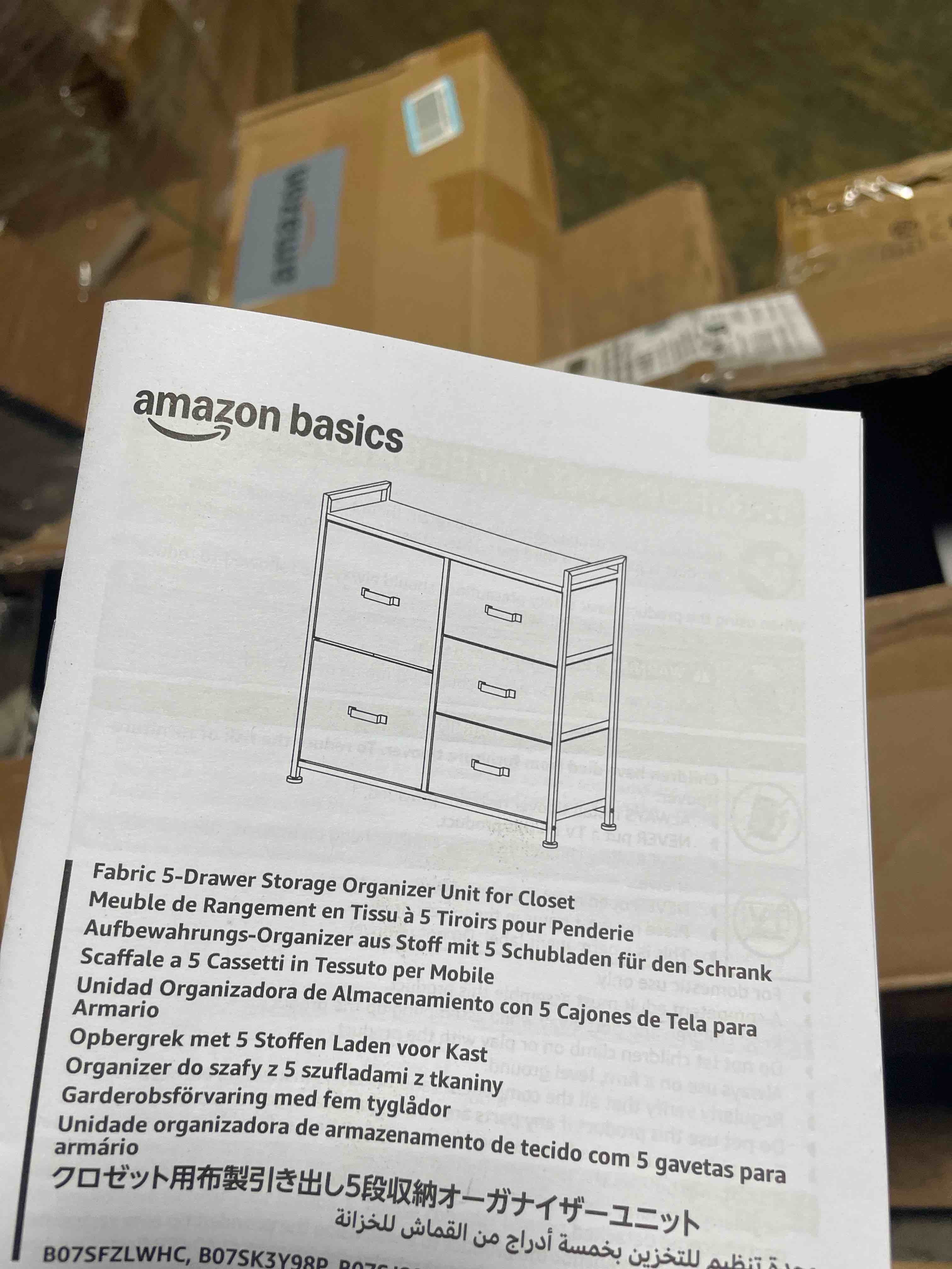 Condition photo showing As Is for amazon basics closet organizer with 5-fabric storage drawers for bedroom, living room, black