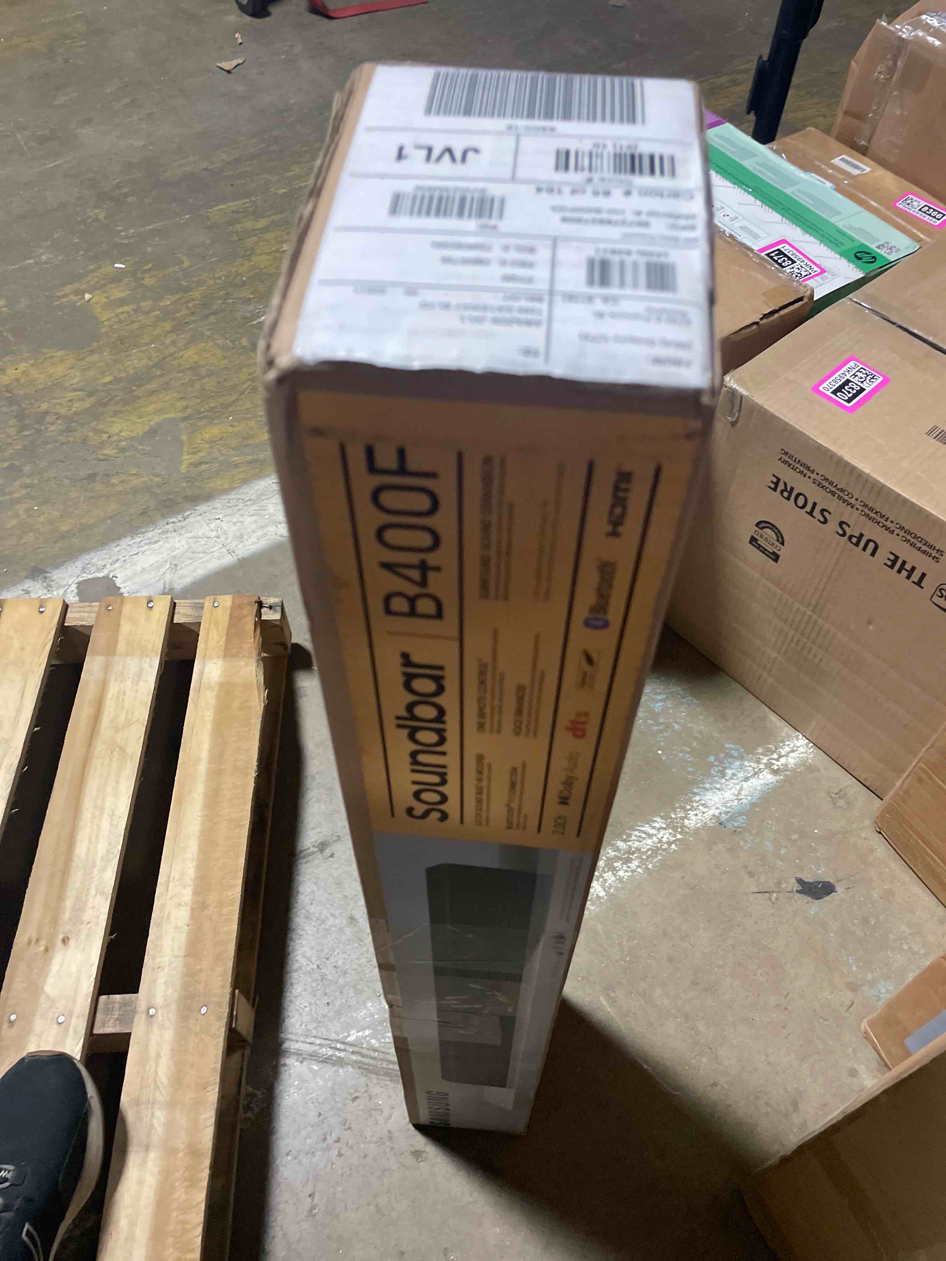 Condition photo showing As Is for samsung b-series soundbar hw b400f 2.0 ch soundbar with built in subwoofer (2025 model) one remote control, surround sound expansion, voice enhance mode hw-b400f soundbar