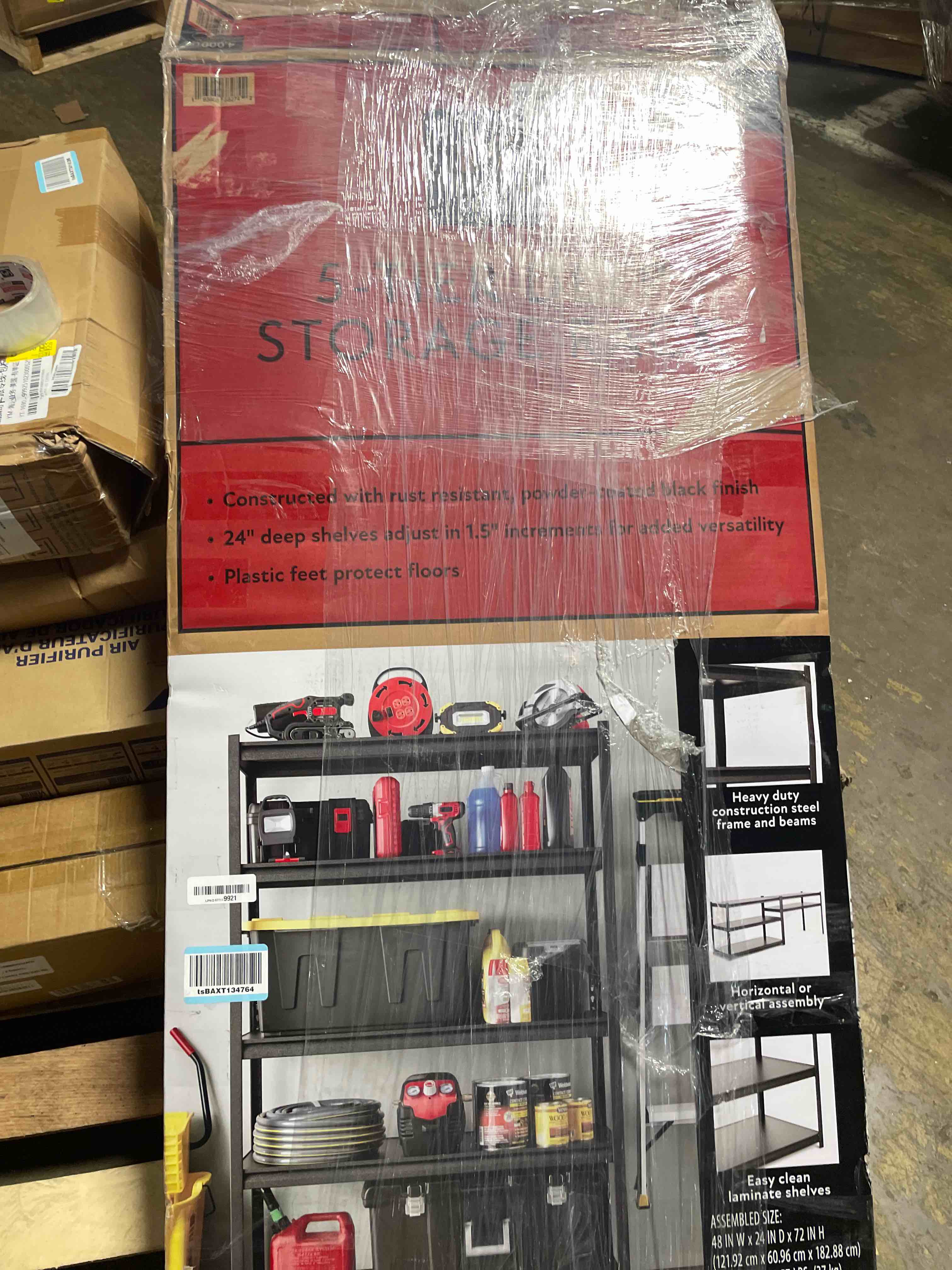 Condition photo showing As Is for 5-tier heavy duty garage shelving, 5,000 lbs capacity adjustable metal storage shelving unit for garage, basement, warehouse & workshop, 62" w x 24" d x 72" h