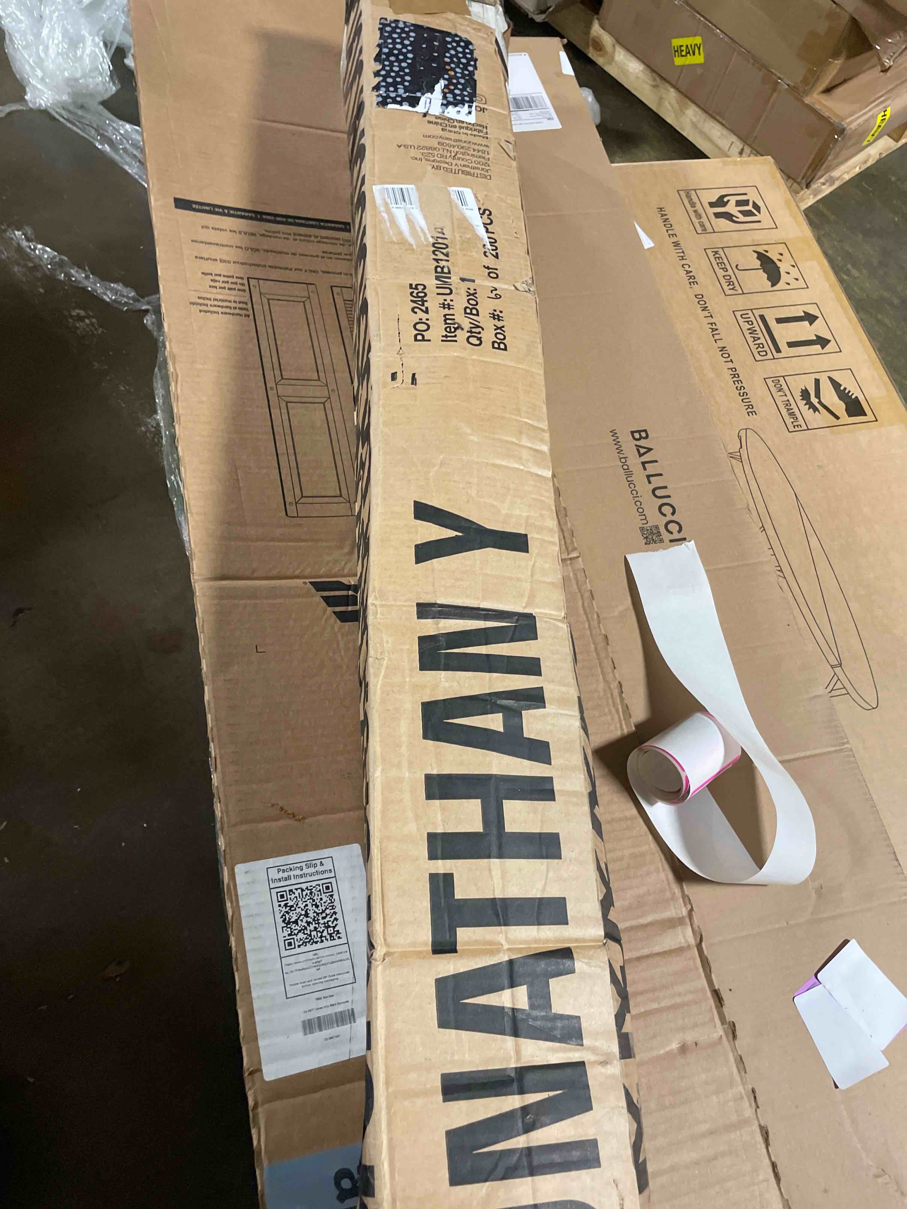 Condition photo showing Good Condition for jonathan y half umbrella umb1201a beverly 9 ft. designer classic scalloped fringe market patio with crank, push button tilt and uv protection in black/white