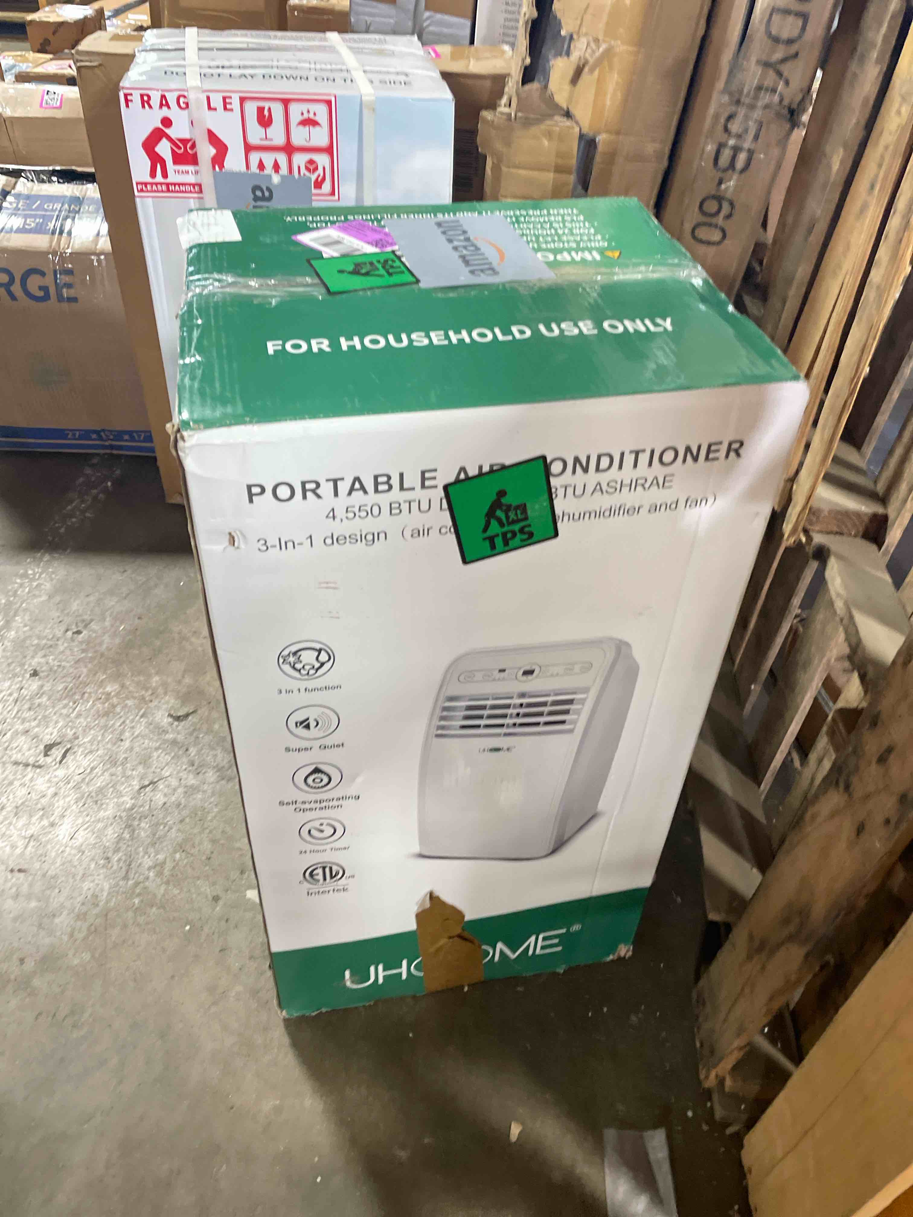 Condition photo showing Good Condition for uhome 8000 btu portable air conditioner, with cooling, dehumidifier, fan, remote control and window mount kit included, white, 24h timer