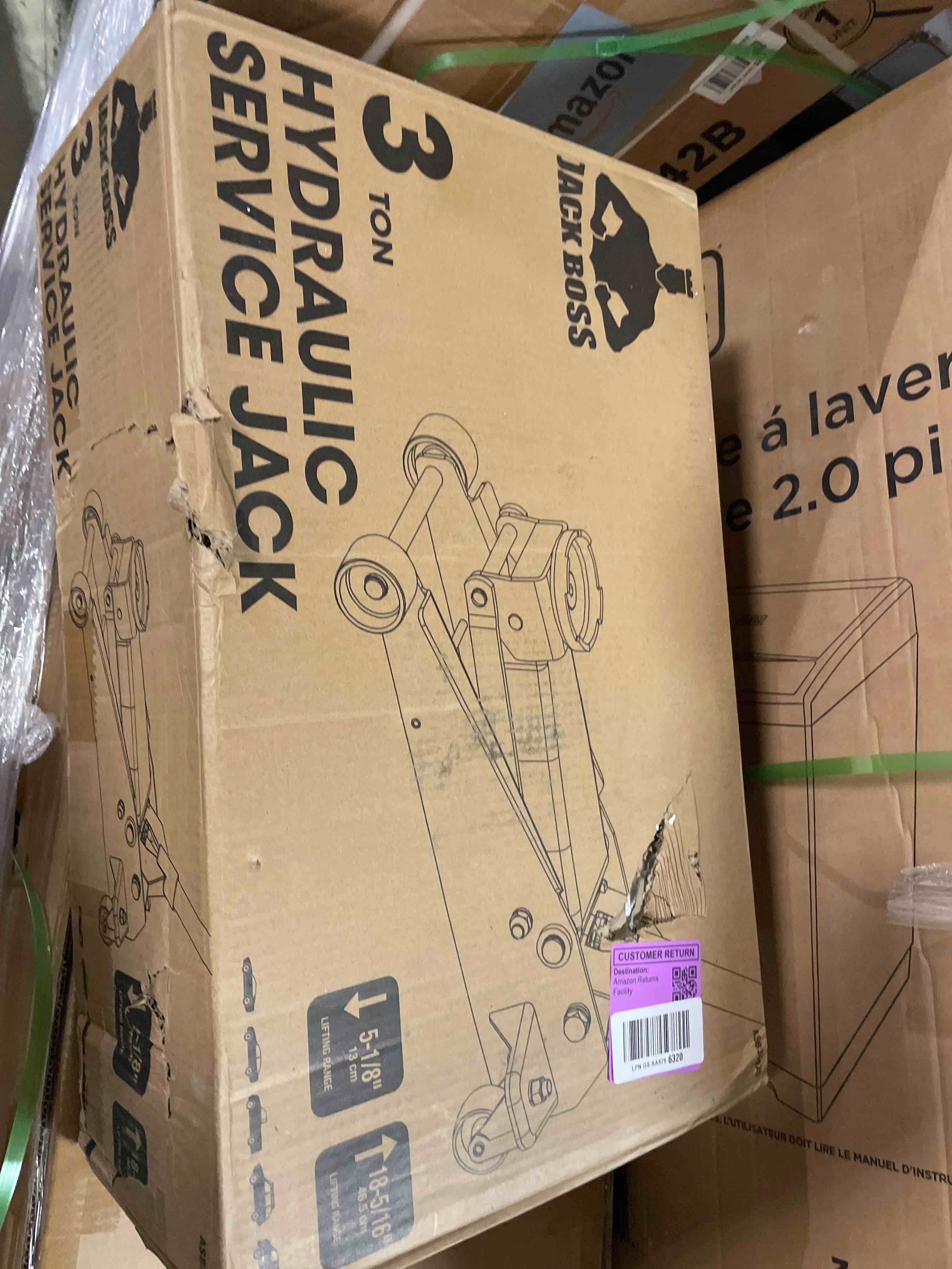 Condition photo showing New/Like New for jack boss 3 ton low profile, aluminum and steel racing floor jack with dual pistons quick lift pump for sport utility vehicle, lifting range 3-15/16" min to 18-5/16" max, net weight 58.5 lb, red